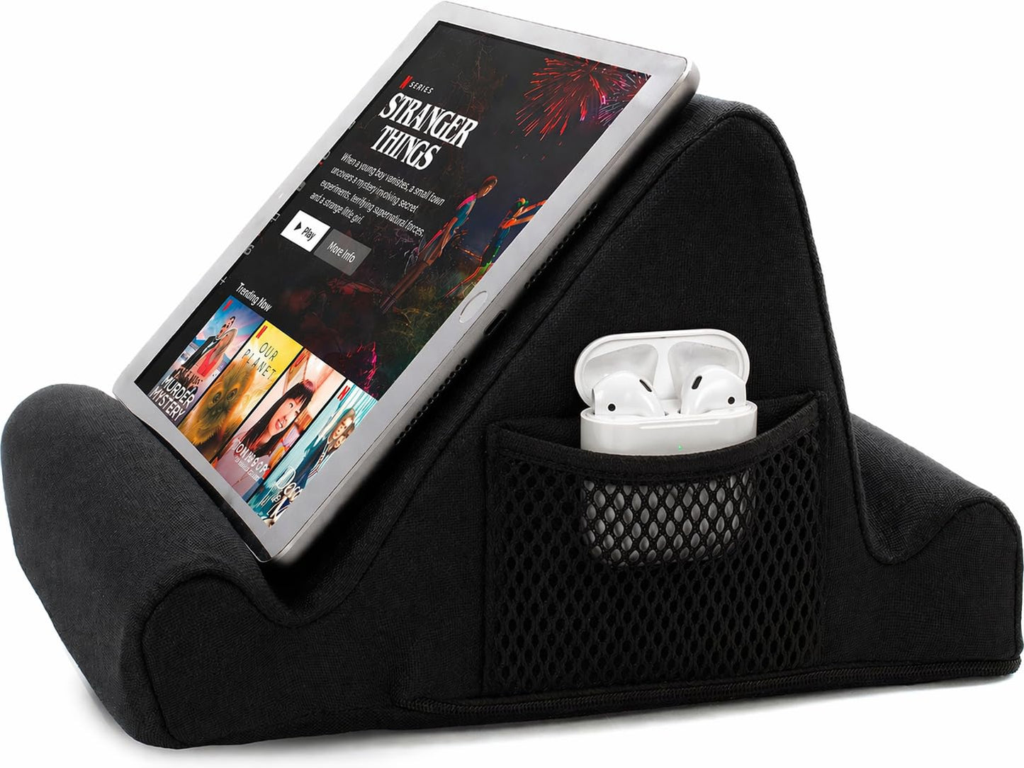Brookstone Tablet Lap Cushion - Tablet and Phone Holder for Bed, Flights, and Travel, Two Angled Memory Foam Lap Desk for Reading and Hands Free Viewing, Compatible iPad and Kindle Accessories, Black