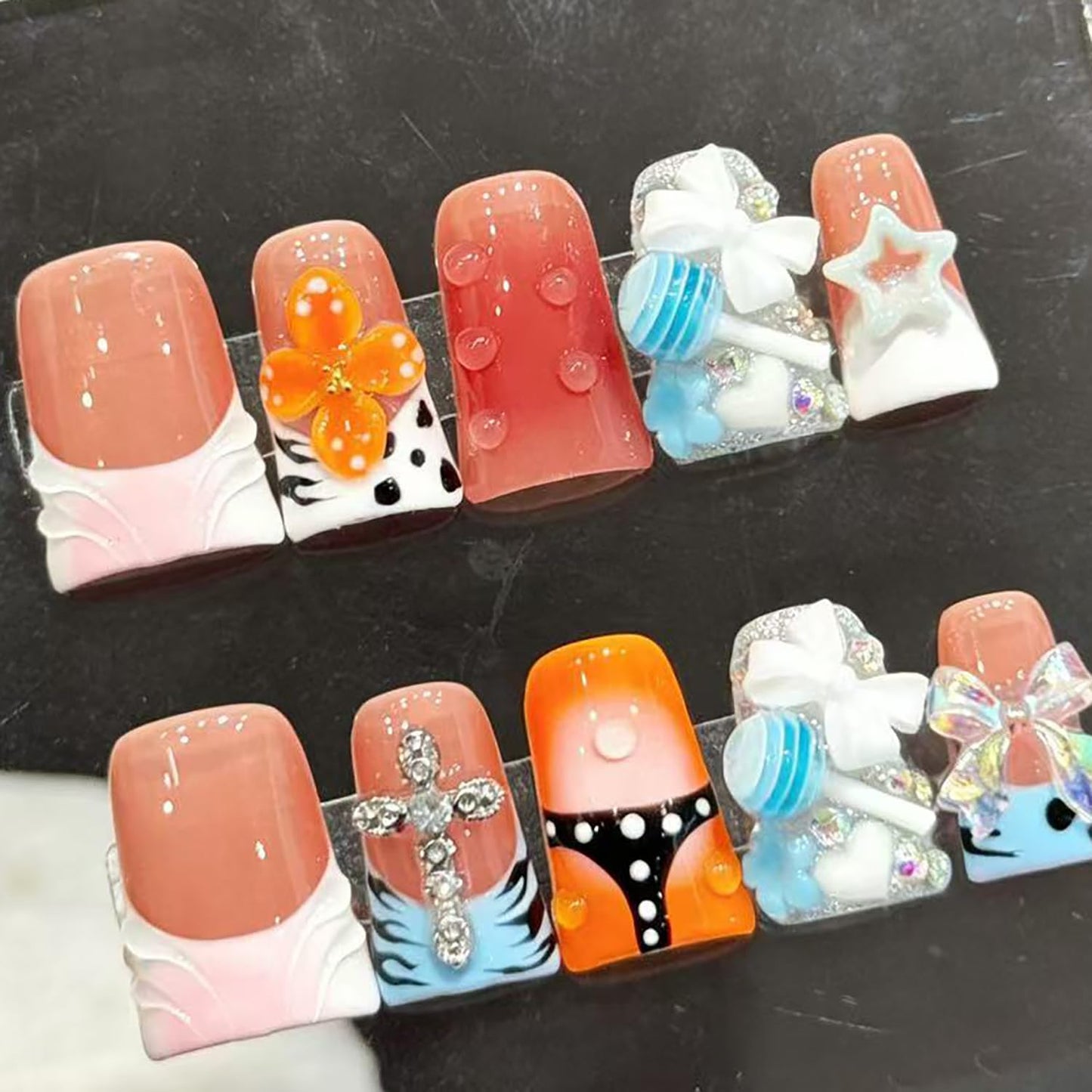 Press On Nails Handmade Short Duckbill Nails, 3D Lollipop Glossy Art Designs Reusable Acrylic Artificial Stick On Nails,False Nails Set (10 Pcs Size S)