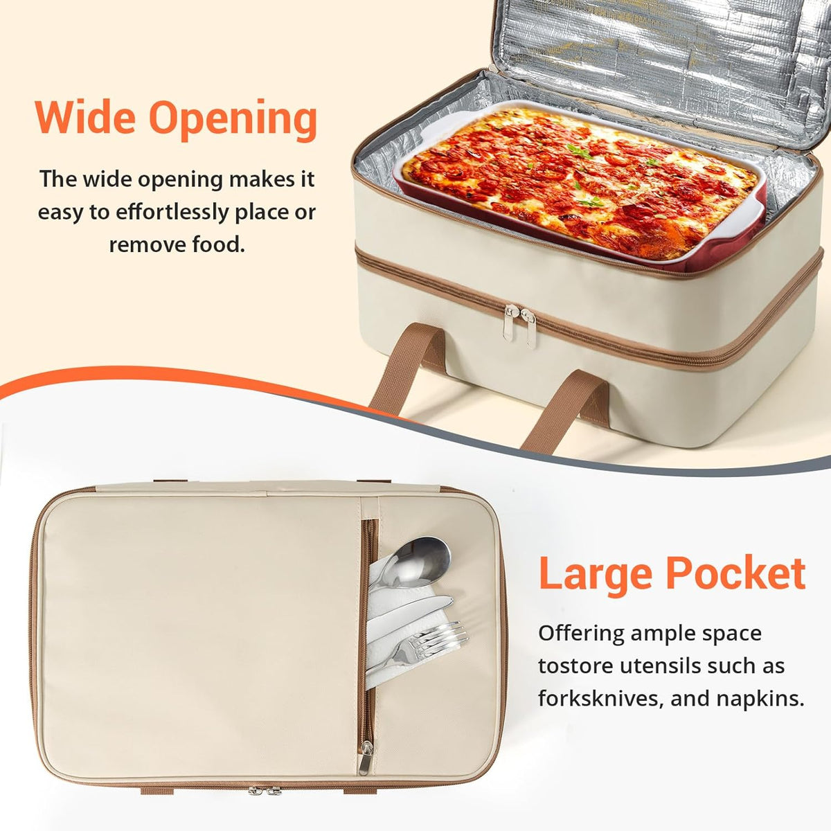 Double Insulated Casserole Carrier for Hot or Cold Food,Pie Carrier Bag Lunch Tote for Potluck Parties/Picnic/Cookouts, Fits 9"x13" Baking Dish, Beige
