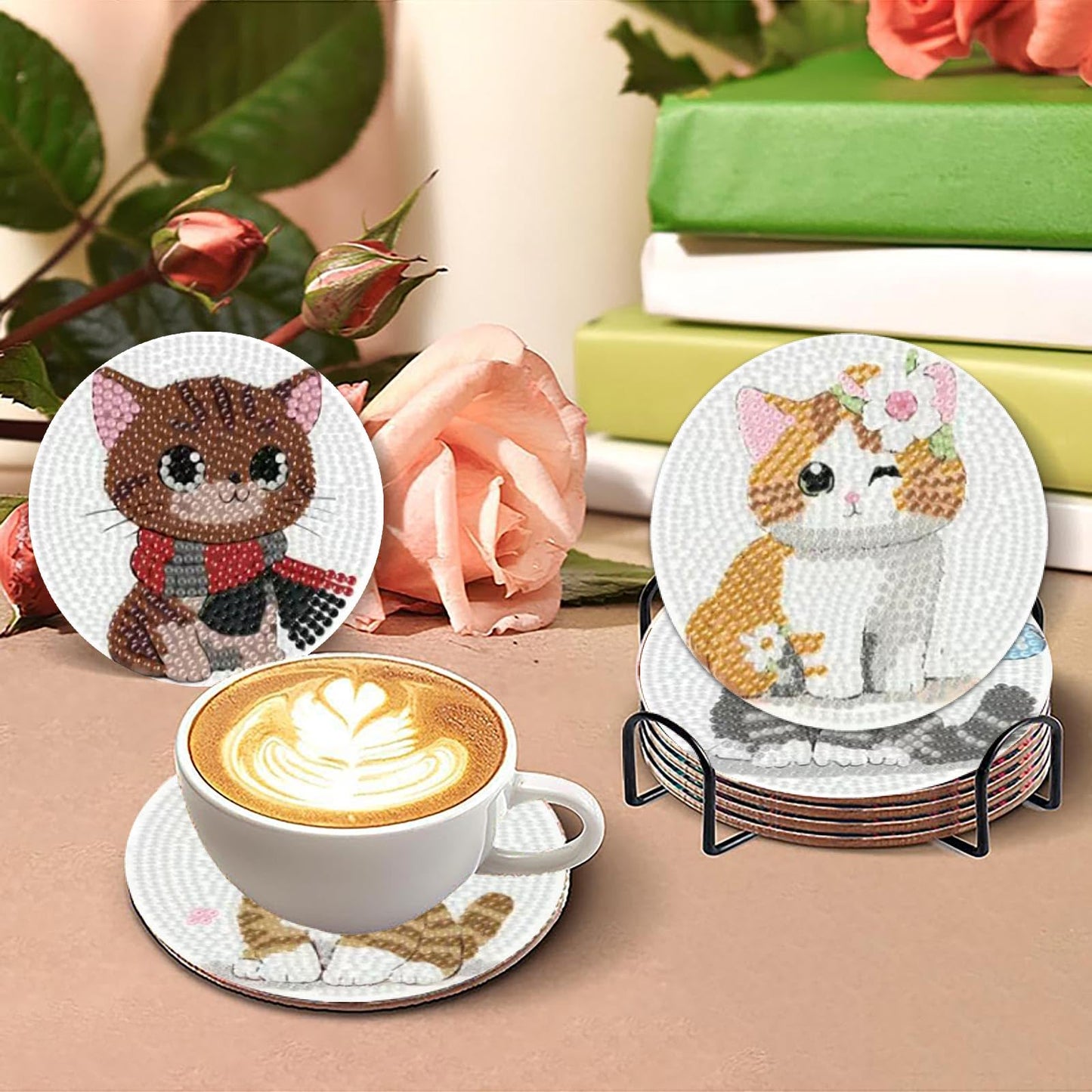 cupmod 8PCS Cute Cat Diamond Painting Coasters Kit with Holder,Cat Diamond Art Coaster,DIY Crafts Diamond Art Kits for Adults Home Decor