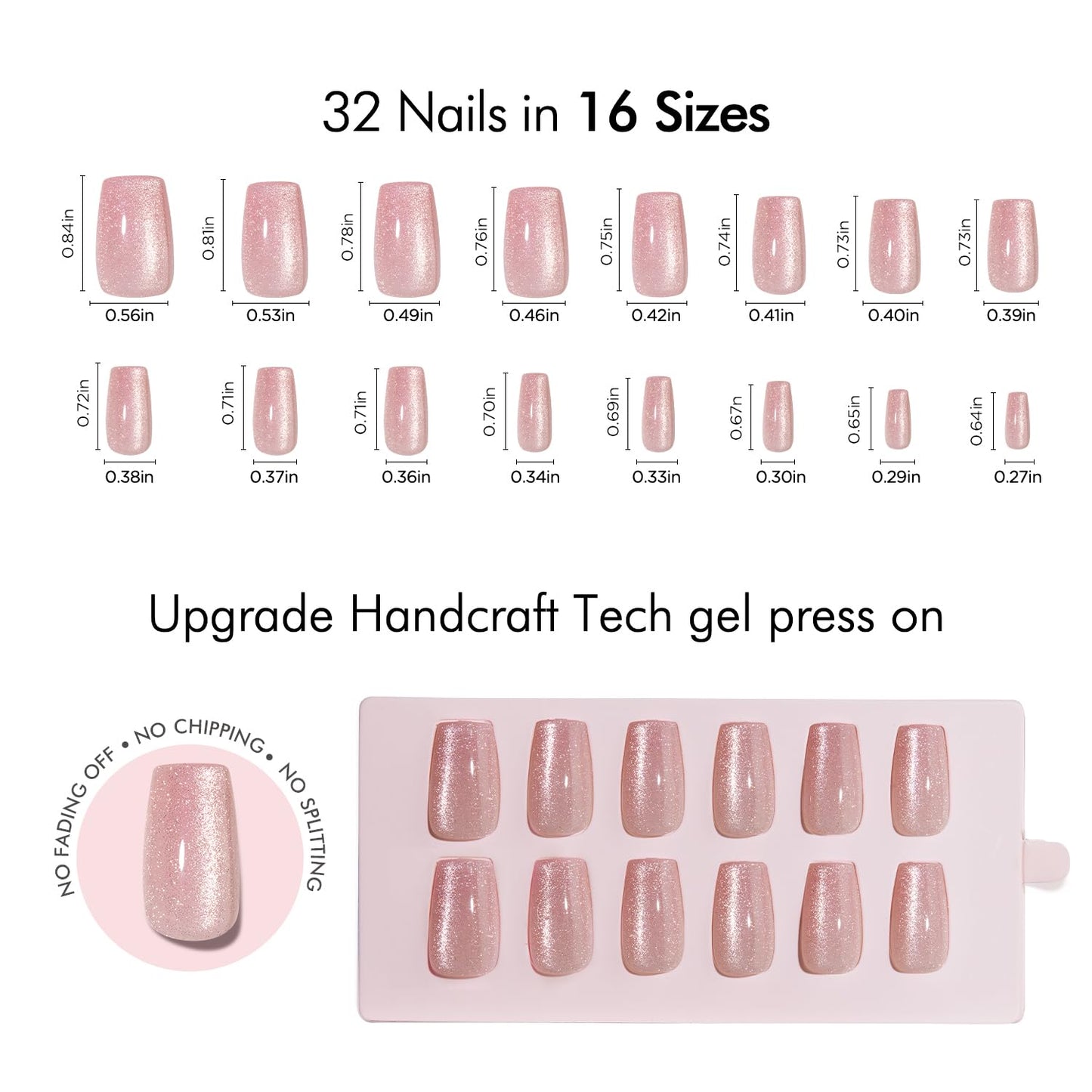 VSALON Short Coffin Press On Nails - Cat Eye Crystal Pink Glitter Fake Nails, Spring Summer Shimmer Reusable Opaque Fake Nails with Cuticle Oil - 32 PCS Stick On Nails in 16 Sizes