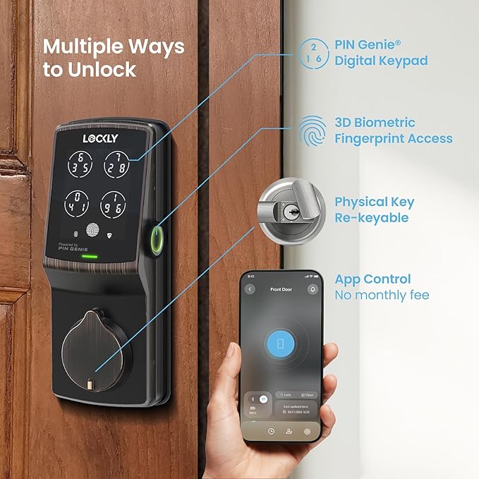 Lockly Secure Pro Smart Deadbolt, Wi-Fi Smart Lock, Keyless Entry with PIN Genie® Keypad, 3D Biometric Fingerprint, Auto Lock, Rekeyable-Venetion Bronze