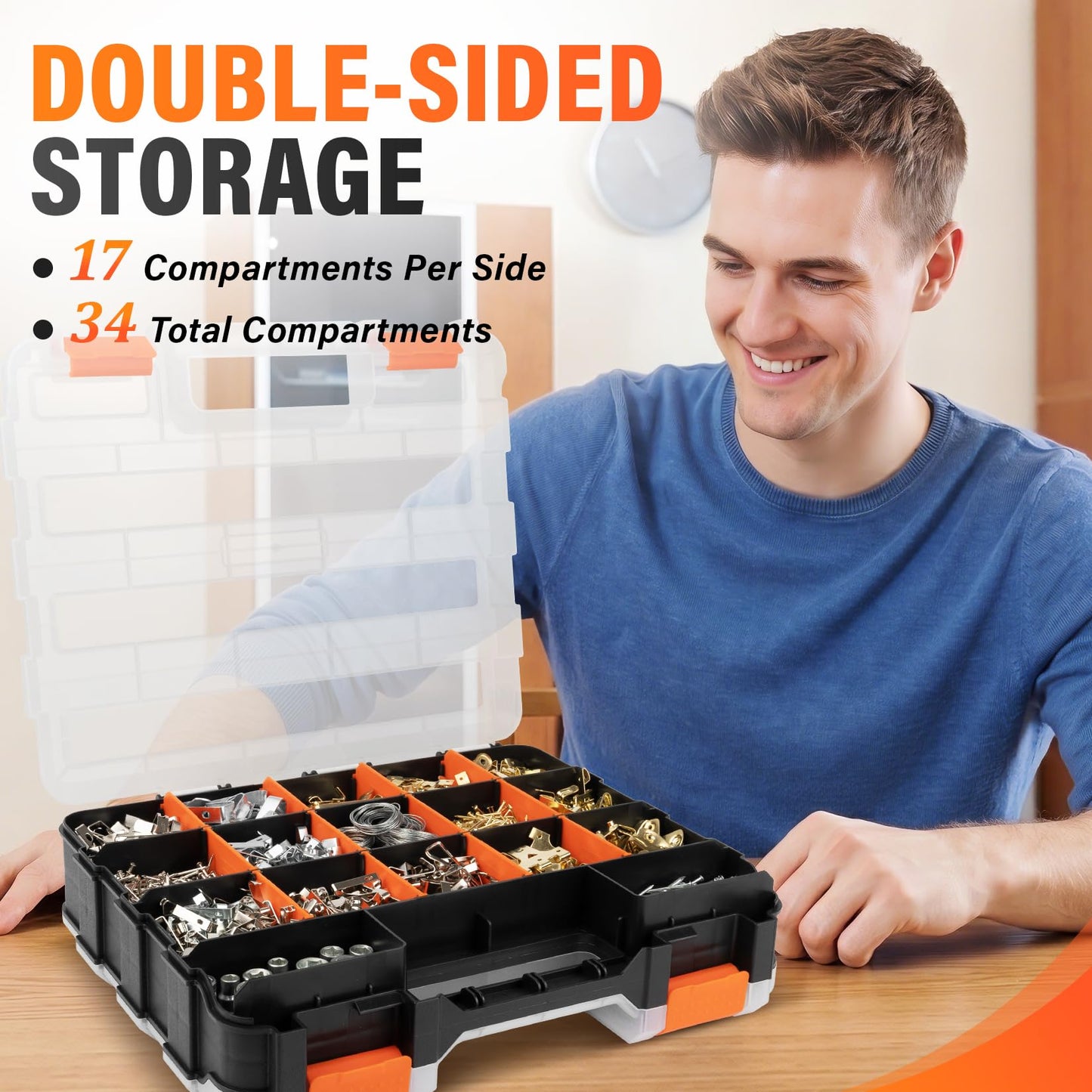 DIYSELF Tool Box, Double-Sided 34-Compartment Tool Organizer, Small Parts Organizer with Adjustable Space, Clear-Lid Small Storage Box for Hardware, Crafts, Beads, Jewelry and Fishing Accessories