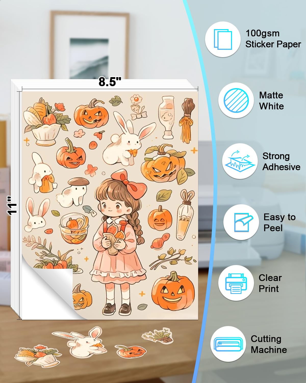 100 Sheets 8.5”x11” Printable Sticker Paper for Inkjet Laser Printer & Cricut Maker, Labelchoice Blank Matte White Self Adhesive Full Sheet Labels for Smart Cutting Machines,Whole Page Shipping Labels