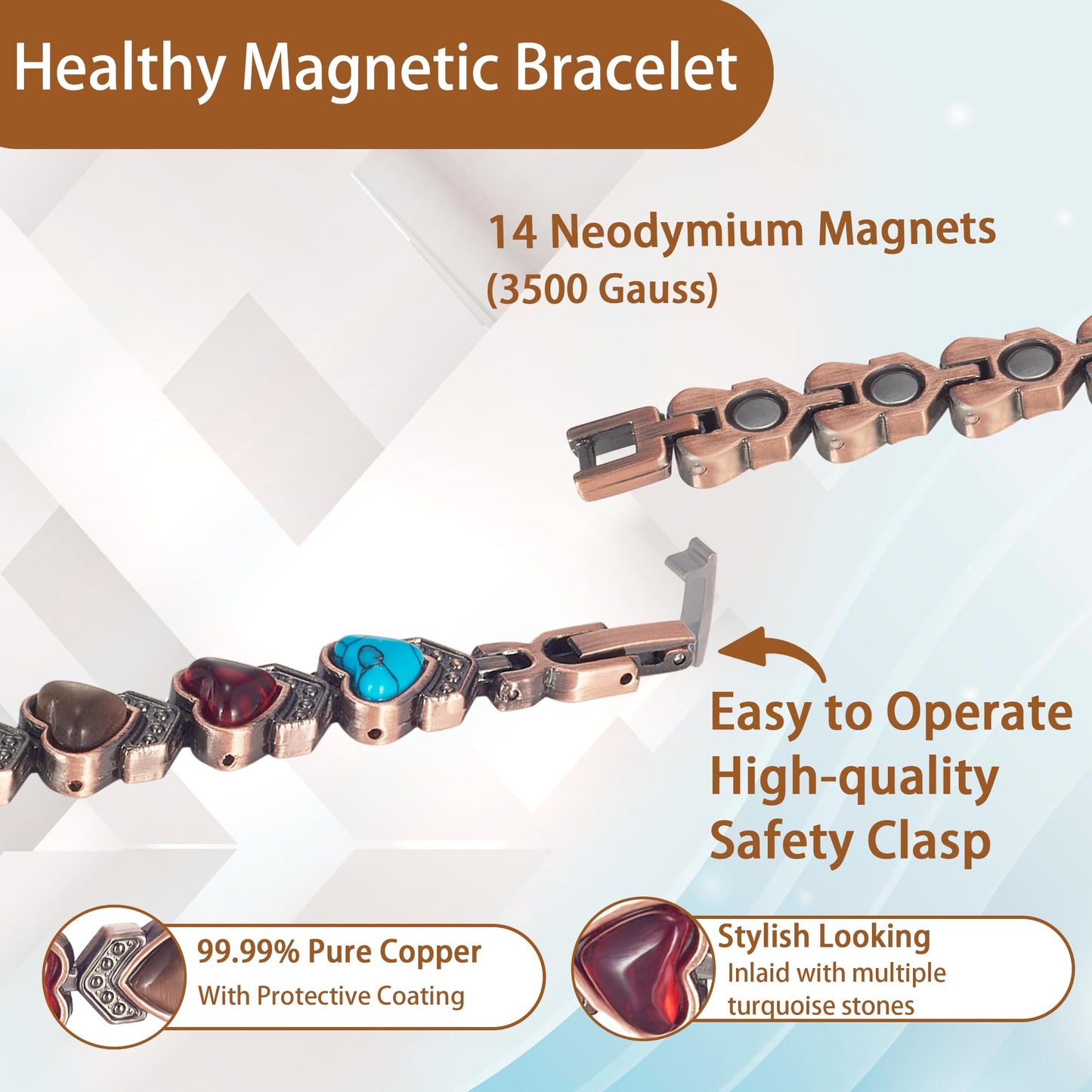 EnerCoppeX Copper Magnetic Bracelet for Women - Turquoize Detox Jewelry with 3500 Gauss Magnet (N)