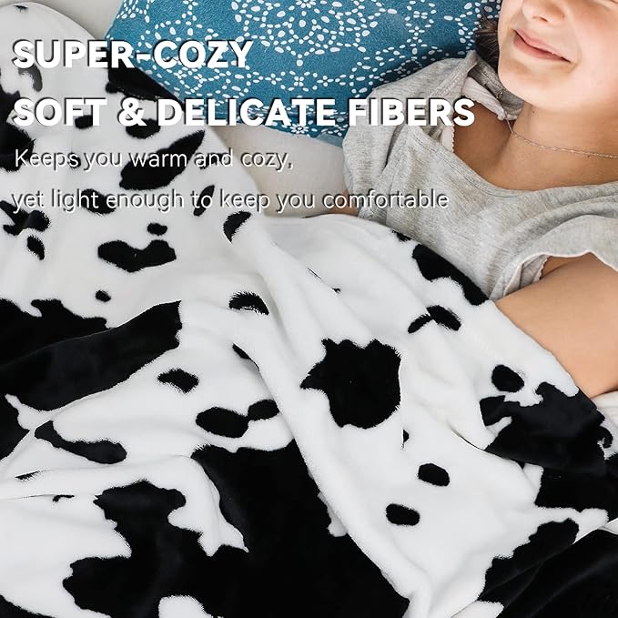 Queen Size Cow Print Fleece Blanket - Extra Large Cozy Bedding, Plush Soft Fuzzy Bed Throw for Bedroom Home Decor All Season 90"x90"