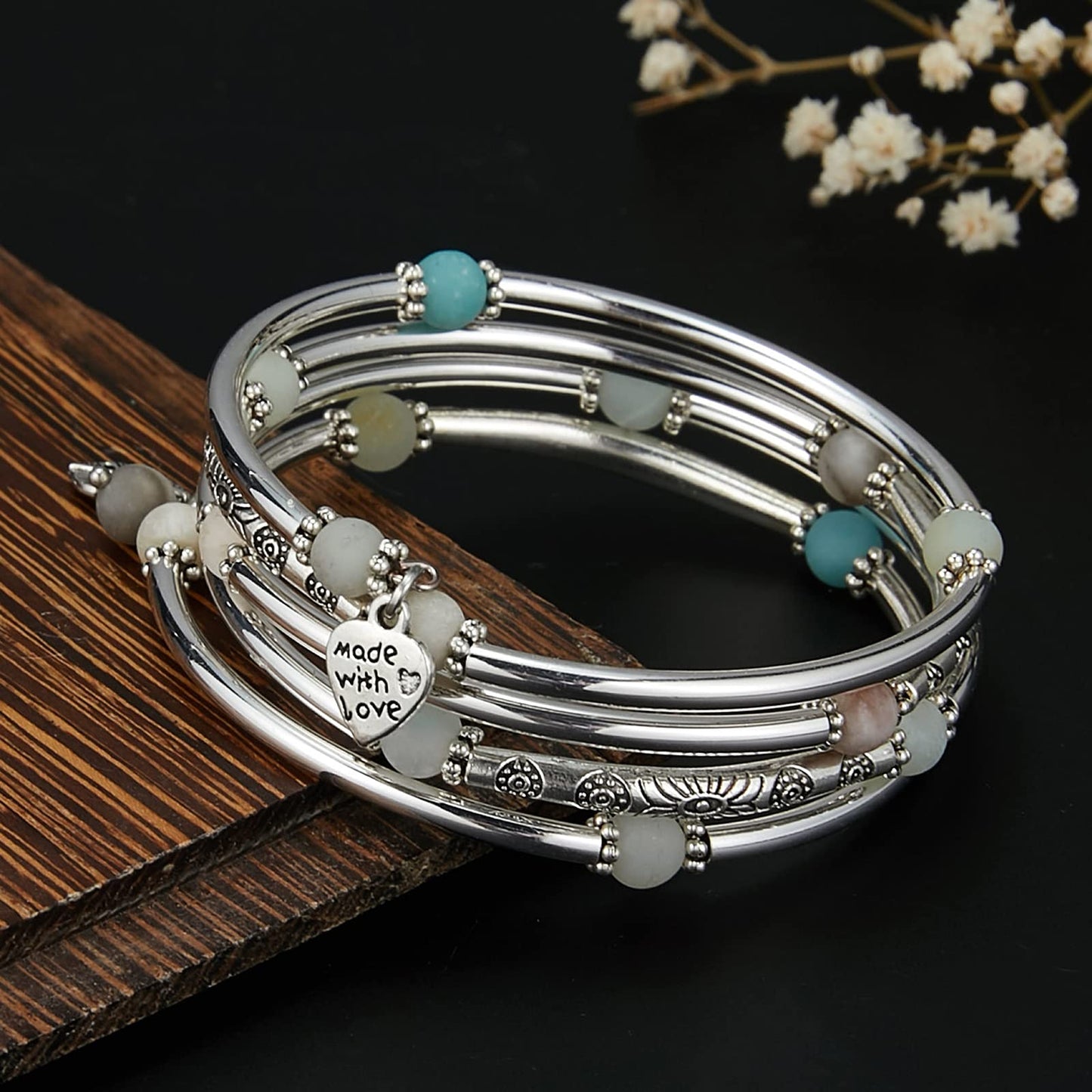 FULU AUTUMN Beaded Bangle Bracelets for Women Silver Wrap Bangles Bracelet Womens Costume Jewelry Fashion Gift(Amazon Green)