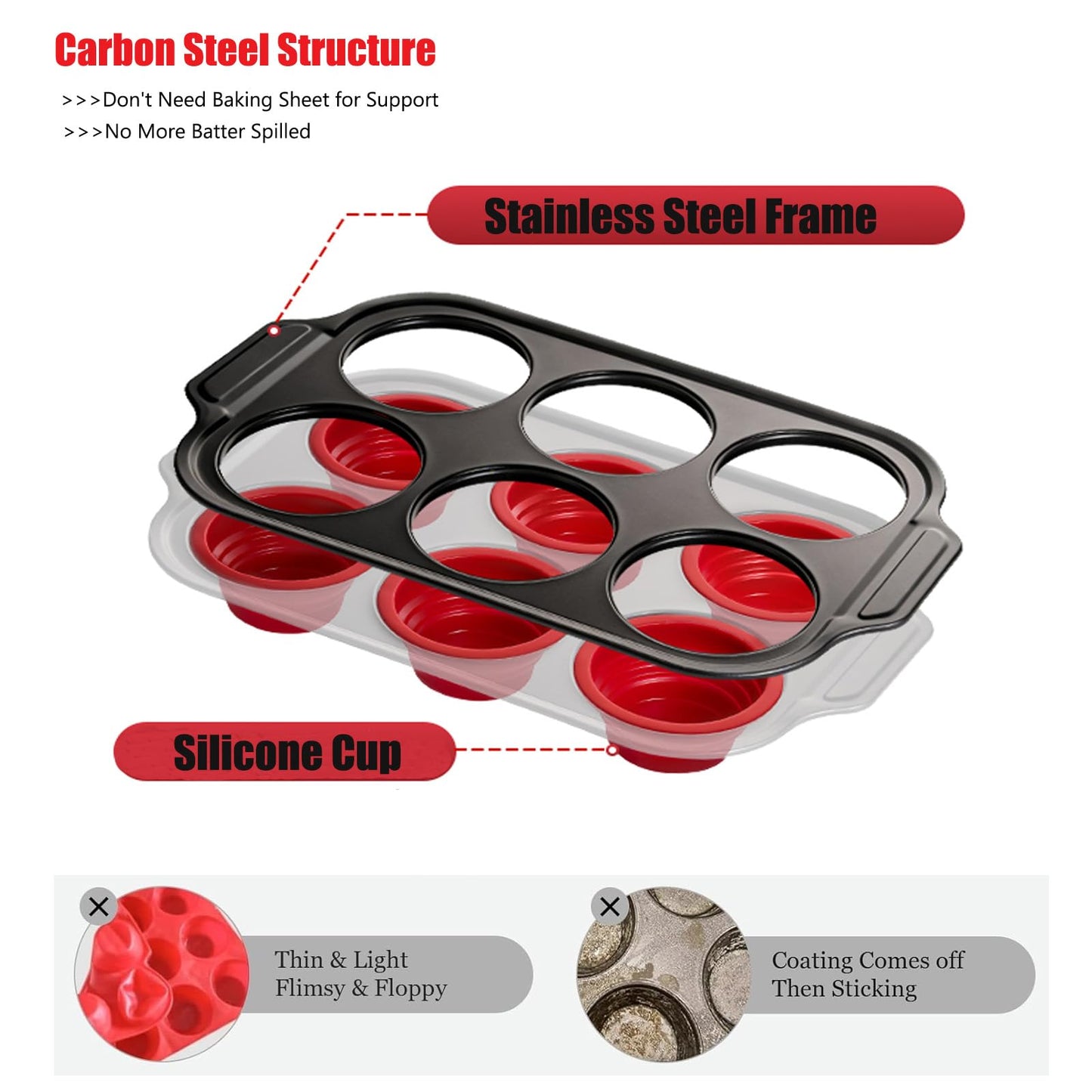YiYeraio Silicone Muffin Pan, 6 Cups Muffin Pans for Baking with Metal Frame, Cupcake Pan, Egg Bite Molds, Muffin Tin Tray Easy to Pop Nonstick Non Toxic Bakeware for Oven