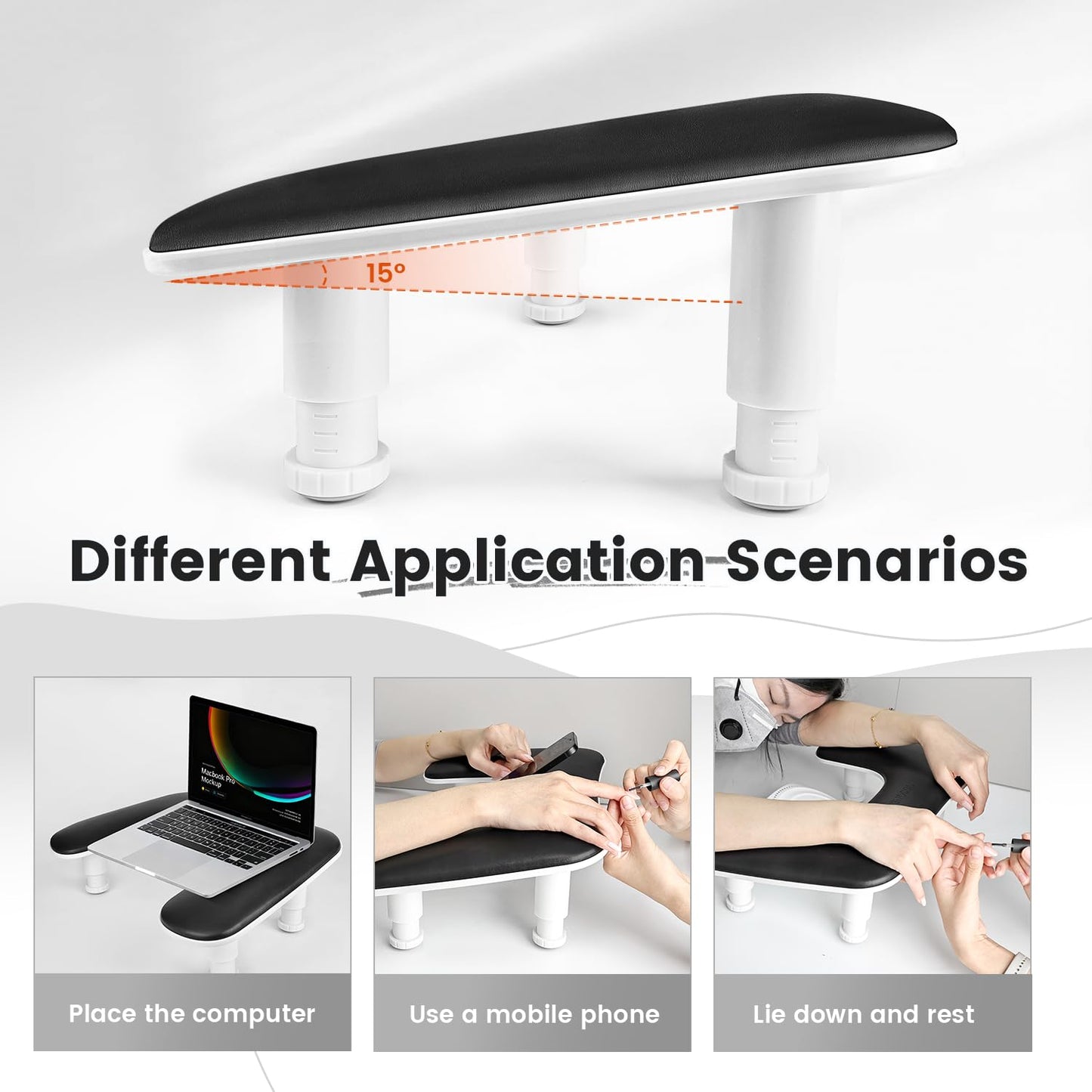 JODSONE U-Shaped Black Arm Rest for Nails Tech with Rotating 360°Built-In Phone Holder and Adjustable Nail Arm Rest Detachable Manicure Hand Rest for Salon Design