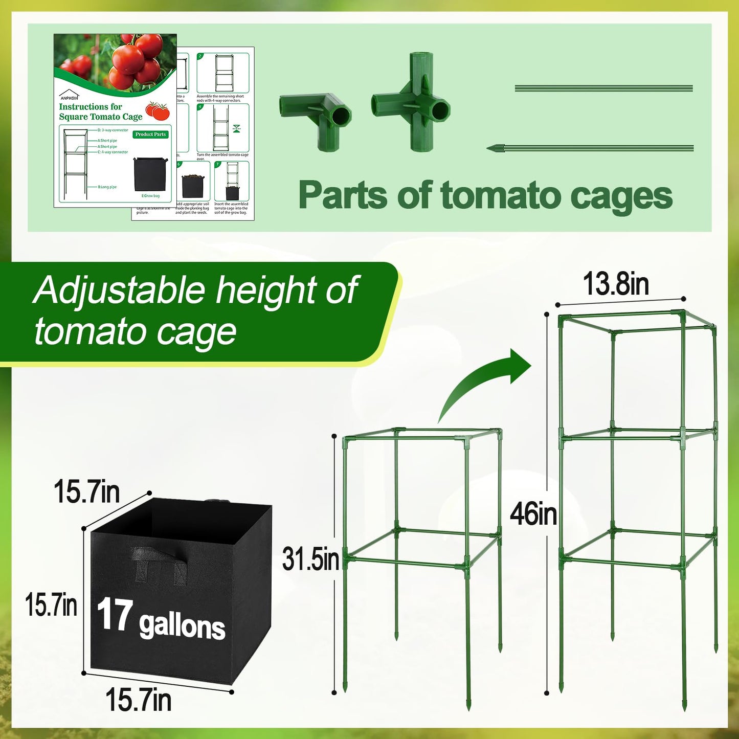 ANPHSIN Sturdy Square Tomato Cage with Movable 17 Gal Grow Bags - 2 Sets 47'' Plants Garden Trellis Planter, Support for Indoor Outdoor, Cucumber, Beans, Peppers, Eggplants, Climbing Vegetables
