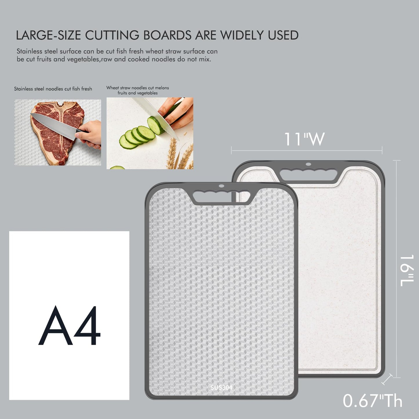 2-in-1 Double Sided Cutting Board, SUS304 Stainless Steel & Wheat Straw Cutting Board, Non-Slip Kitchen Chopping Board for Meat, Vegetables, Fruits, Dishwasher Safe（16inchX11inch）