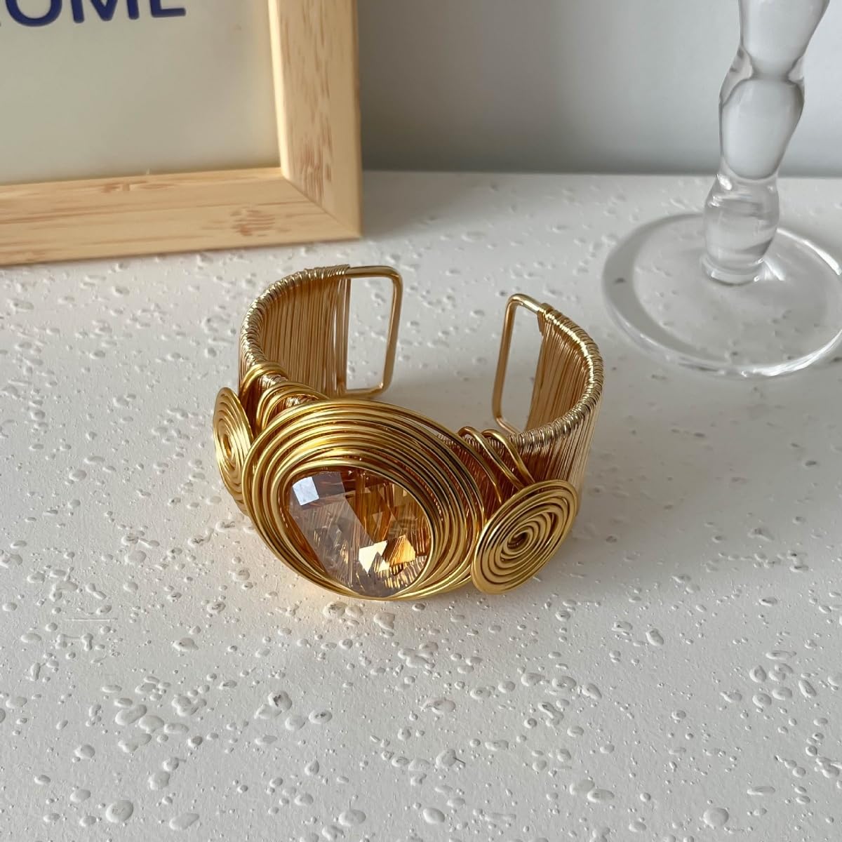 MOEEIJEW Chunky Gold Cuff Bangles Bracelets for Women Wide Silver Open African Bangle Large Rhinestone Bracelets Trendy Punk Jewelry(Gold Crystal)