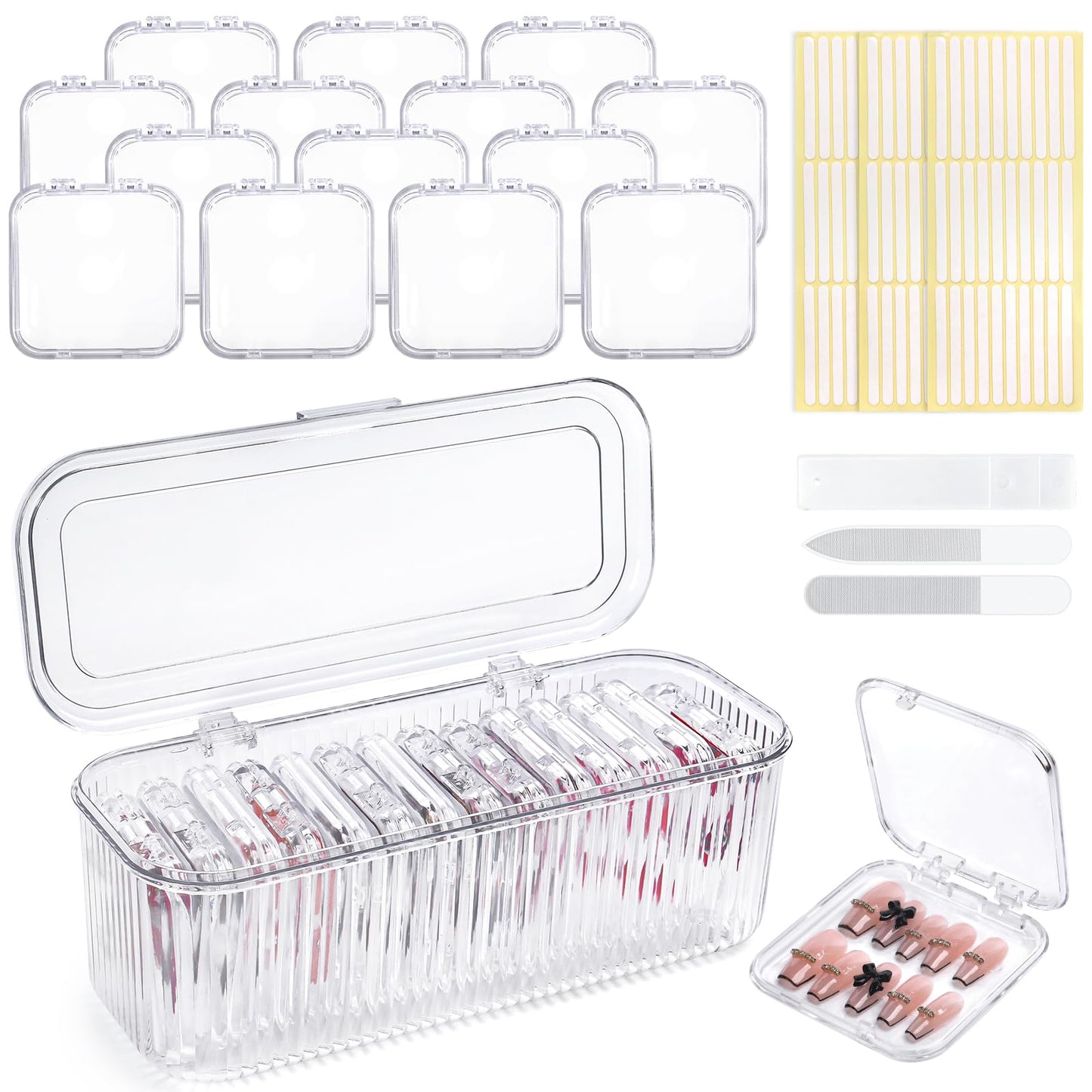 YINGJEE 15 Pcs Press On Nail Storage Box Container, Clear Press On Nail Packaging Box with 90 Pcs Adhesive Double Sided Tape, False Nail Organizer Case Nail Display Case for Nail Art Home Salon