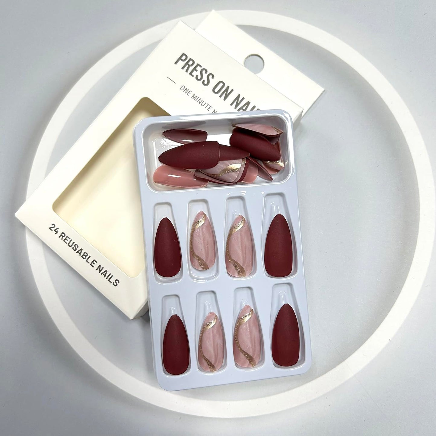 Press On Nails Medium Almond Artificial Acrylic Wine Red French Tip Gold Stripe Design Fall Winter Fake Nails Full Cover Glossy Reusable Coffin Nails Glue on Nails for Women 24Pcs