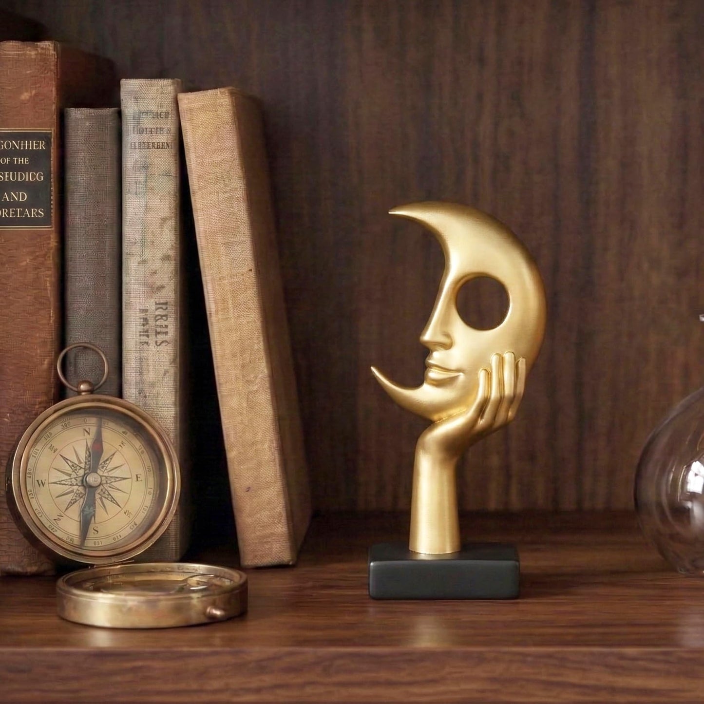 Lodkksg Gold Moon Face Sculpture with Hand, Modern Abstract Art Decor, Black Base