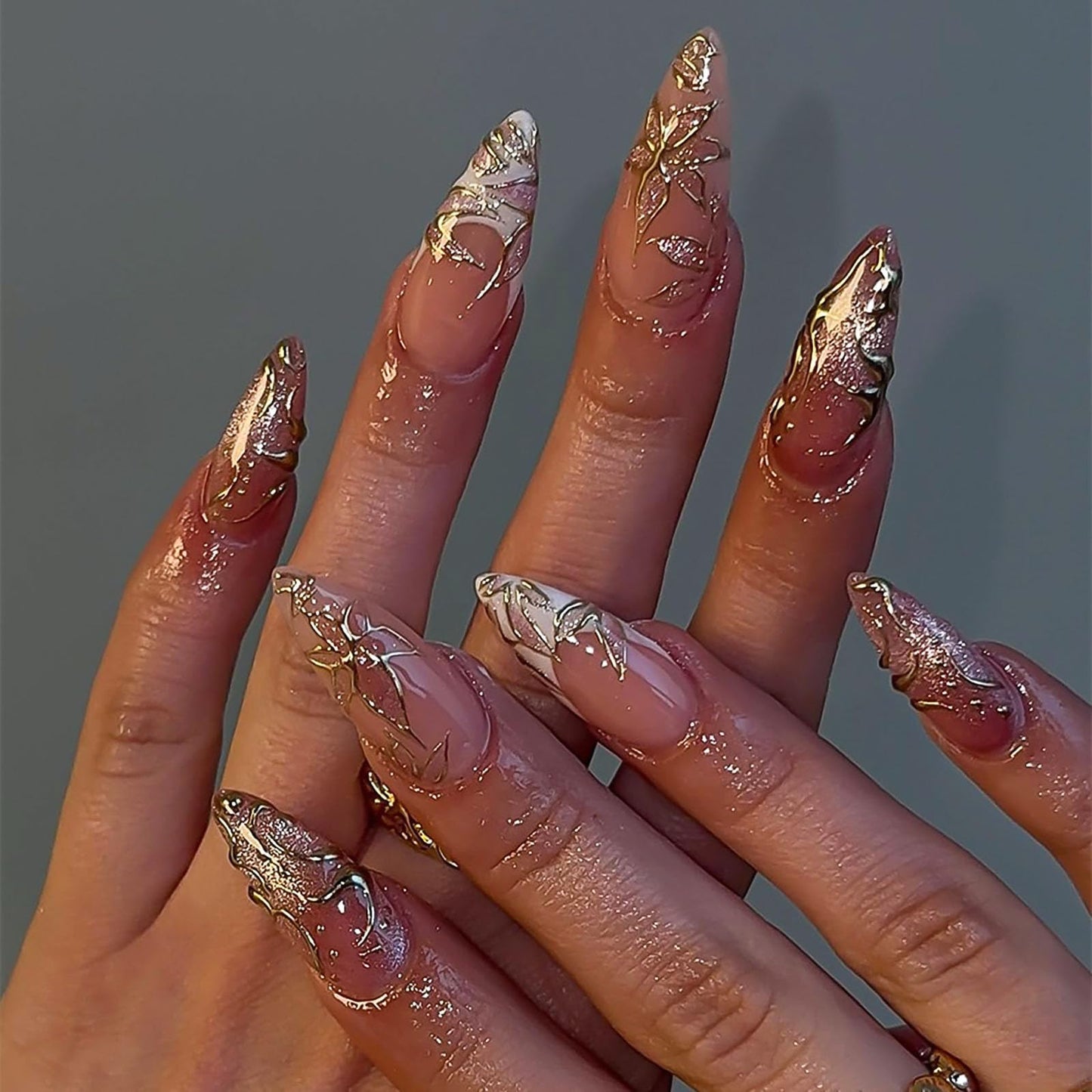 RUOKEXIN 30Pcs Almond Press on Nails Medium Length Fake Nails Gold Sparkly False Nails with Flower Designs French Tip Nail Press ons Glossy Artificial Nails for Women