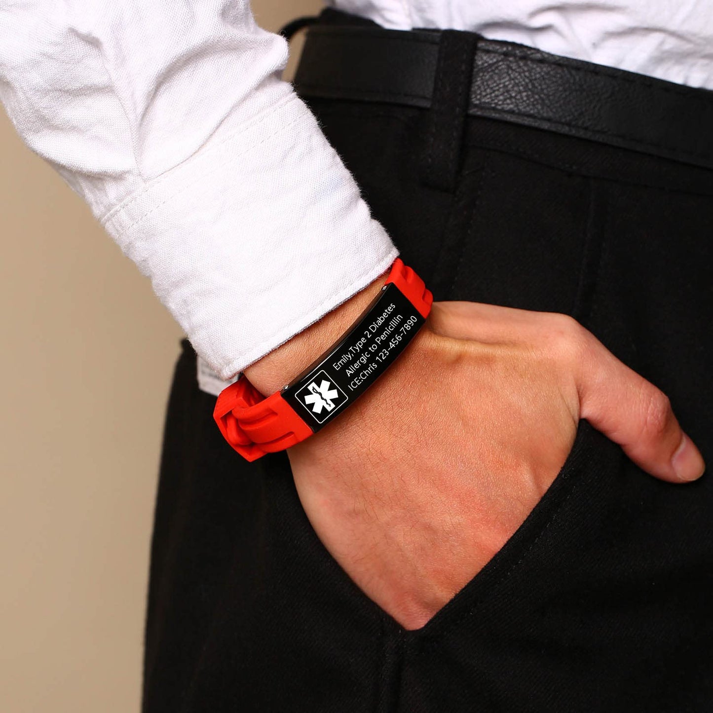VNOX Customize Emergency Jewelry Medical Alert ID Red Silicone Rubber Stainless Steel Adjustable Bracelet,Unisex
