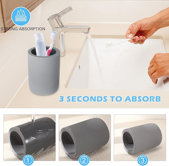 Diatomite Toothbrush Holder, BOJDOPIE Water Absorption Quick Drying Bathroom Countertop Organizer, Stand Cup for Toothpaste Makeup Brushes Razors (Grey)