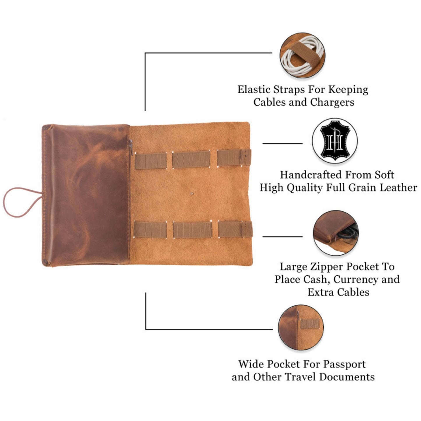 HARDISTON Custom Genuine Leather Electronic Cable Organizer Bag Handmade Travel Cord Organizer Roll Case for Hard Drives, Cables, Charger, Phone, USB, SD Card (Medium - Brown)