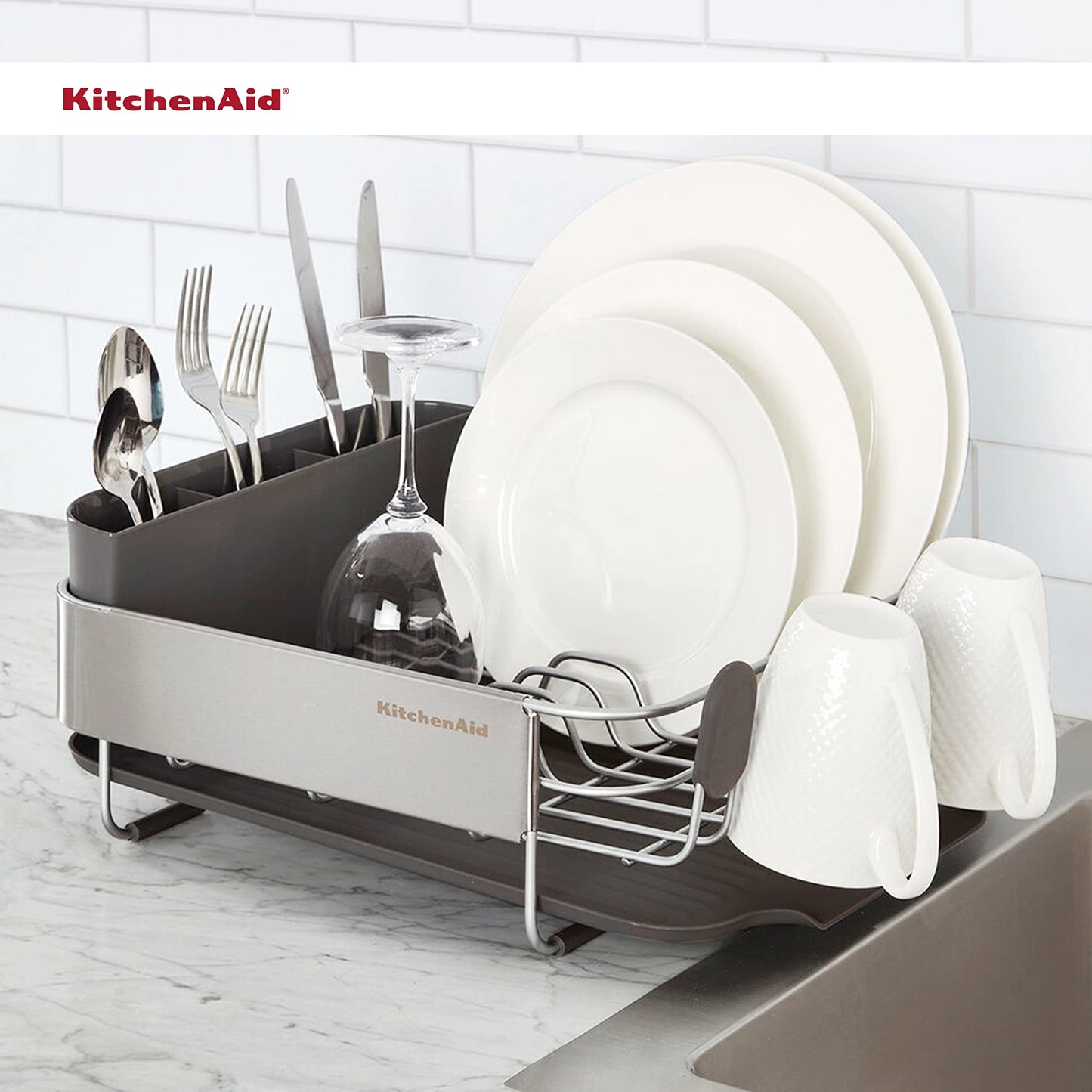 KitchenAid Compact, Space Saving Rust Resistant Dish Rack with Removable Flatware Caddy and Angled Self Draining Drainboard, 16.06-Inch, Black