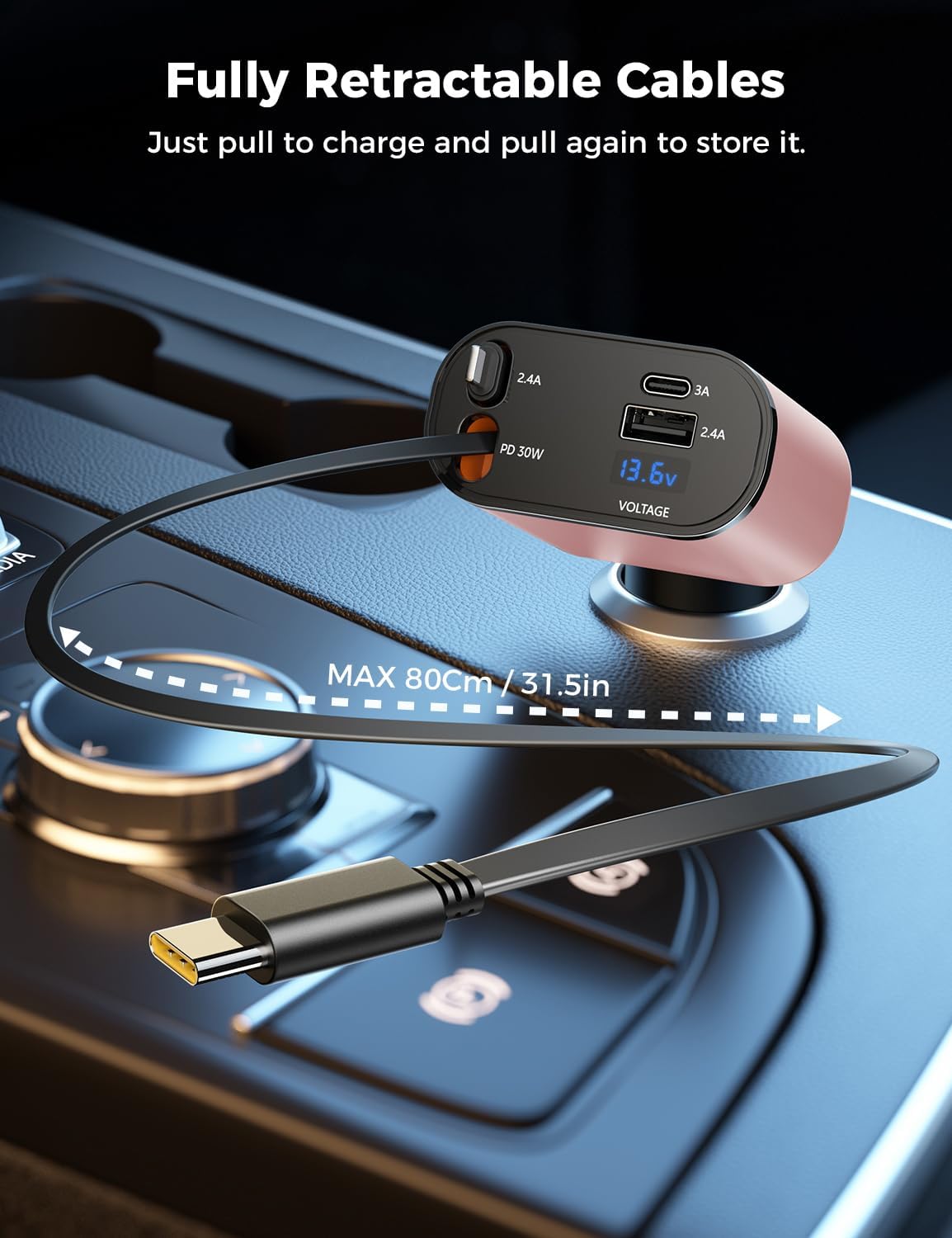 【Upgraded】 SUPERONE Retractable Car Charger 4 in 1, Fast Car Phone Charger with Cord 2.6ft, USB C Car Charger Adapter, Compatible with iPhone 15/15 Pro Max/14/13/12/11, Galaxy, Pixel