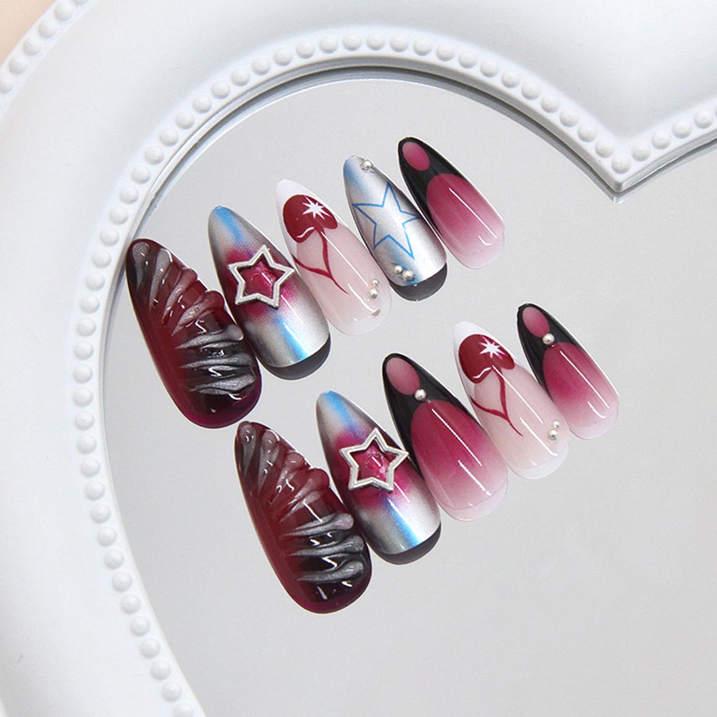 3D Star Charms Press on Nails Blush Gradient Fake Nails with French Tip Design Long Almond Full Cover False Nail for Women