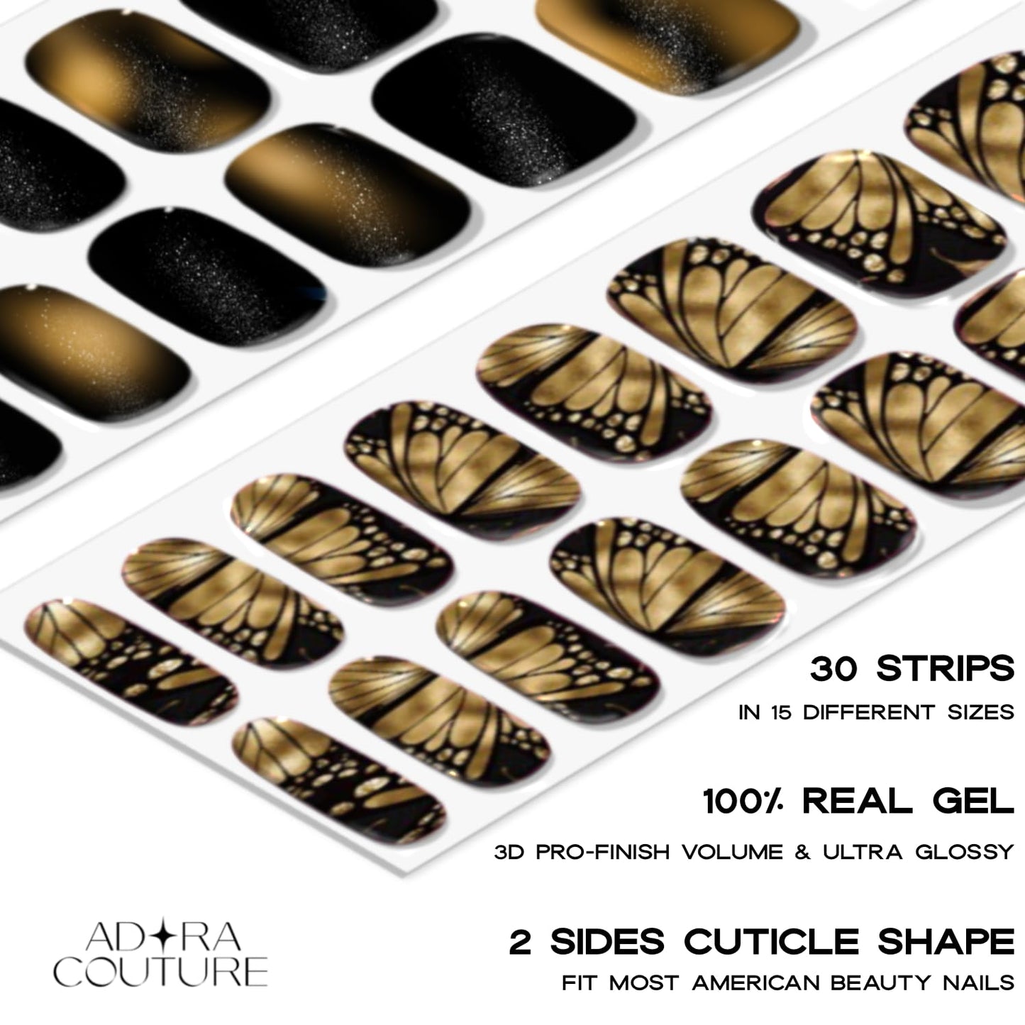 Semi Cured Gel Nail Strips with 30 Pieces–UV Gel Nail Stickers & Nail Wraps, Complete Manicure Kit Includes Prep Pads, Nail File and Wooden Stick, Easy Application, UV Light Required (Golden Flutter)