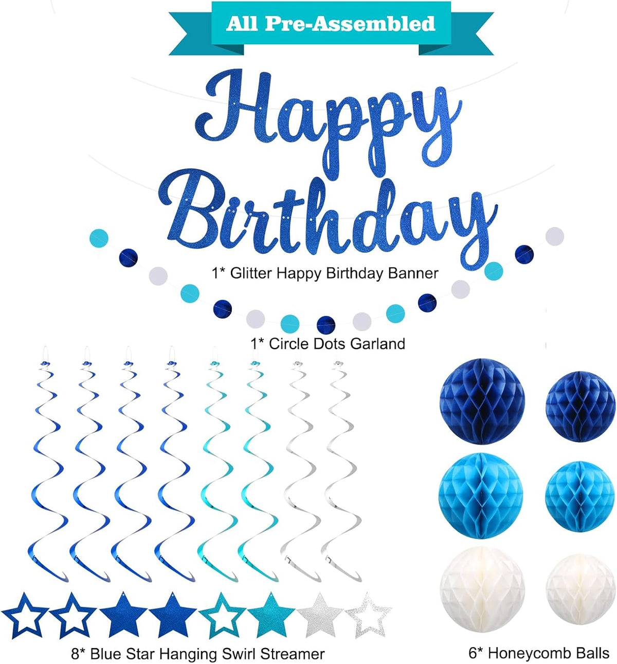 Birthday Decorations, NO DIY, Pre-Strung Happy Birthday Banner with Honeycomb Balls, Hanging Swirls, Circle Dots Garland, Party Decorations for Women Men Boys Girls (Blue)