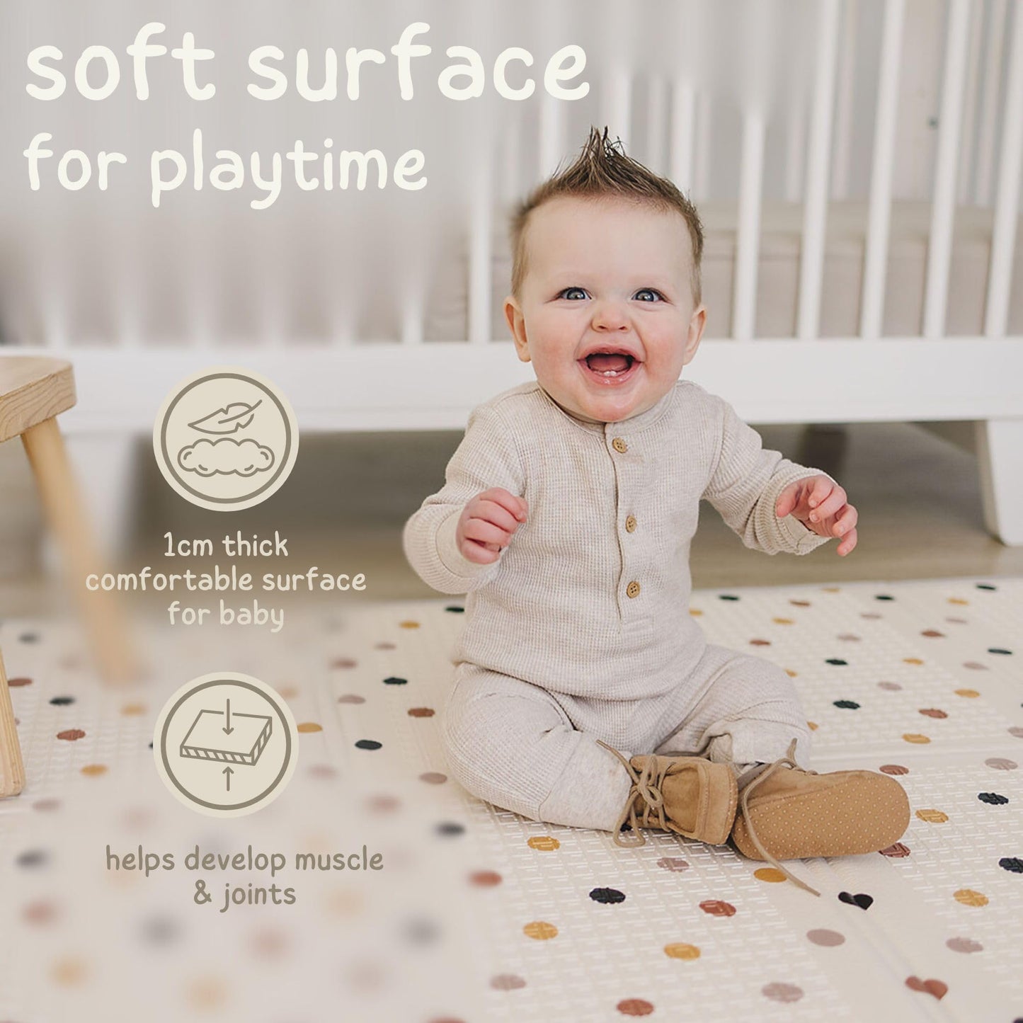 Bubba Bear Baby Play Mat, Thick Foam with Pattern Design, Foldable Waterproof Padded Crawling Mat for Babies (Beige Stars, 79 x 59 Inches)