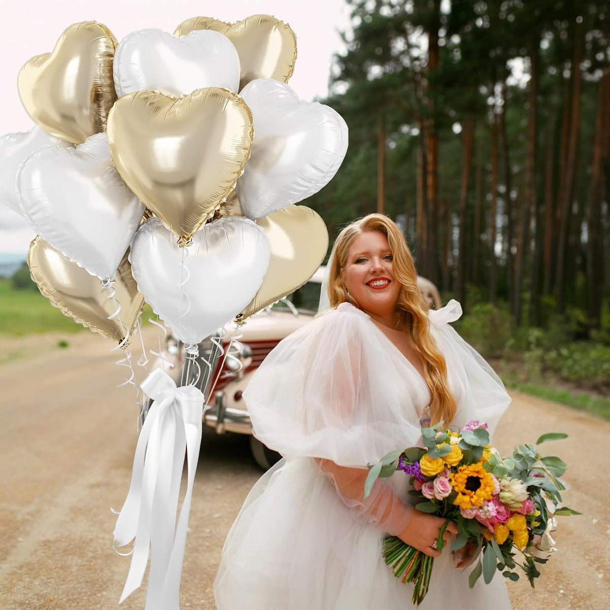 Gold White Foil Heart Balloons, 18 Inch 10 Pcs Pastel Yellow White Mylar Heart Shape Balloons Large Light Yellow and White Heart Balloons for Birthday Wedding Graduation Baby Party Valentines