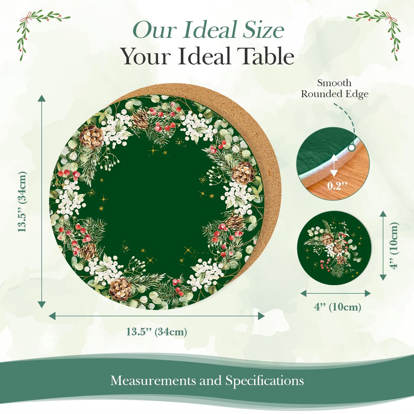 Verdi Livin Cork Placemats Set of 6 Matching Coasters I Heat Resistant Place Mats for Dining Table 16" x 12", Cork Backed, Wipeable (Wreath Green)