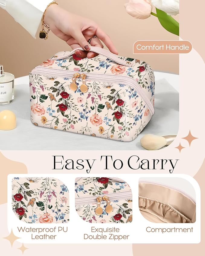 Bistup Makeup Bag Travel Cosmetic Bag Toiletry Make Up Bags Cute Women Large Capacity Big Medium Leather Flower Floral Aesthetic Girl Teen Teenage Foldable Expandable Open Flat Zip