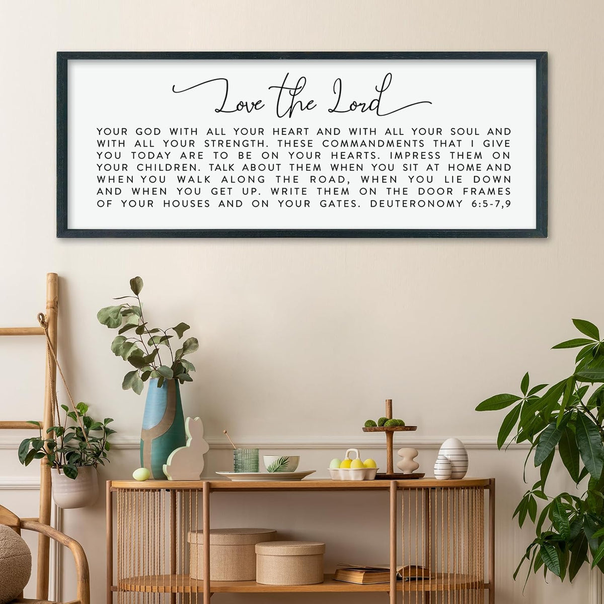 LuZhiQiang Love The Lord Your God With All Your Heart Wall Decor Art 40"×15" Deuteronomy 6:5-7, 9 Scripture Sign Bible Verse Large Wood Framed Wall Hanging (Black)