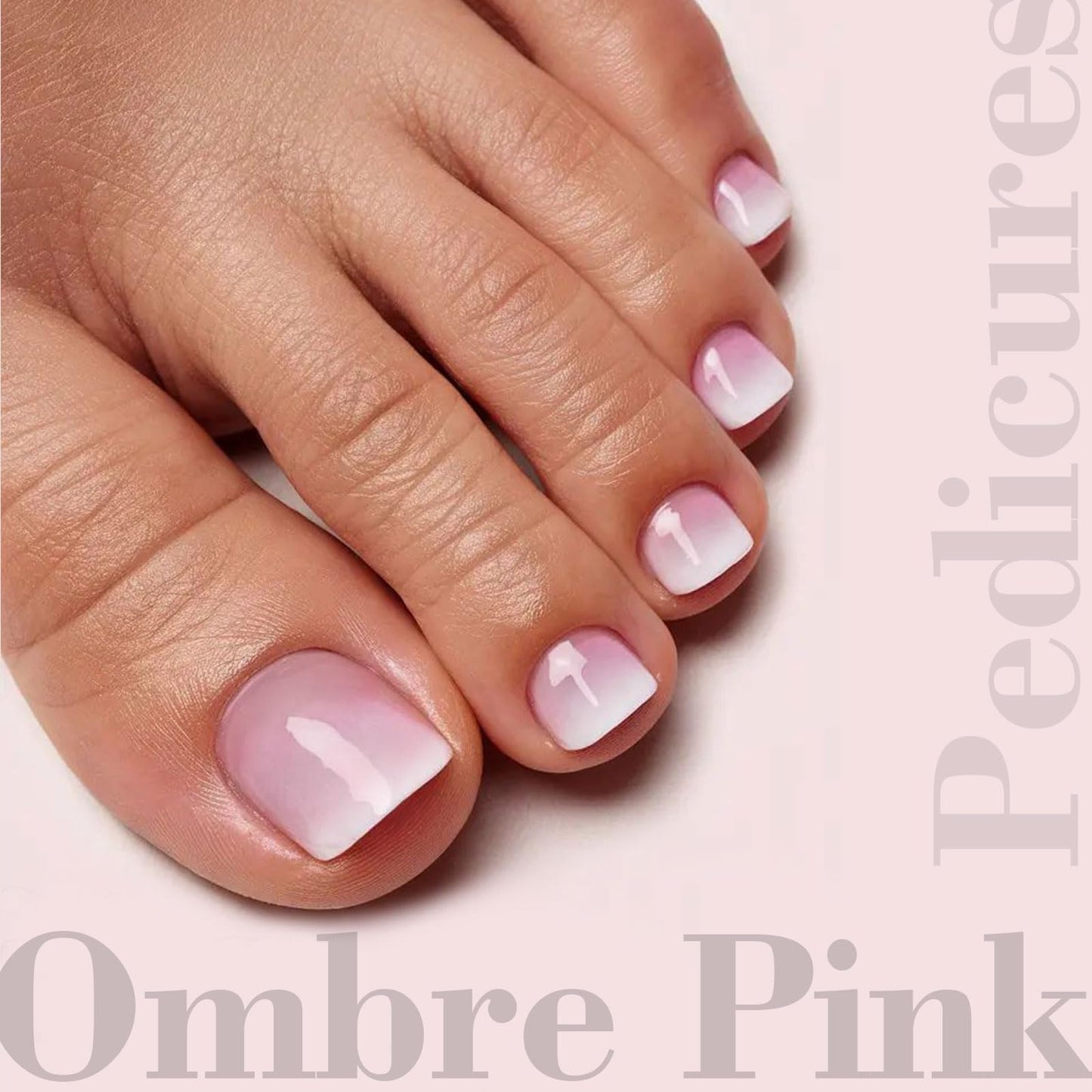 EBANKU French Tips Toe Press On Nails, 300 Pcs Sharp Square Pre-applied Primer & Base Coat Toe Nail Press Ons Light Ombre Pink Full Cover Fake Tips Extension, 15 Sizes