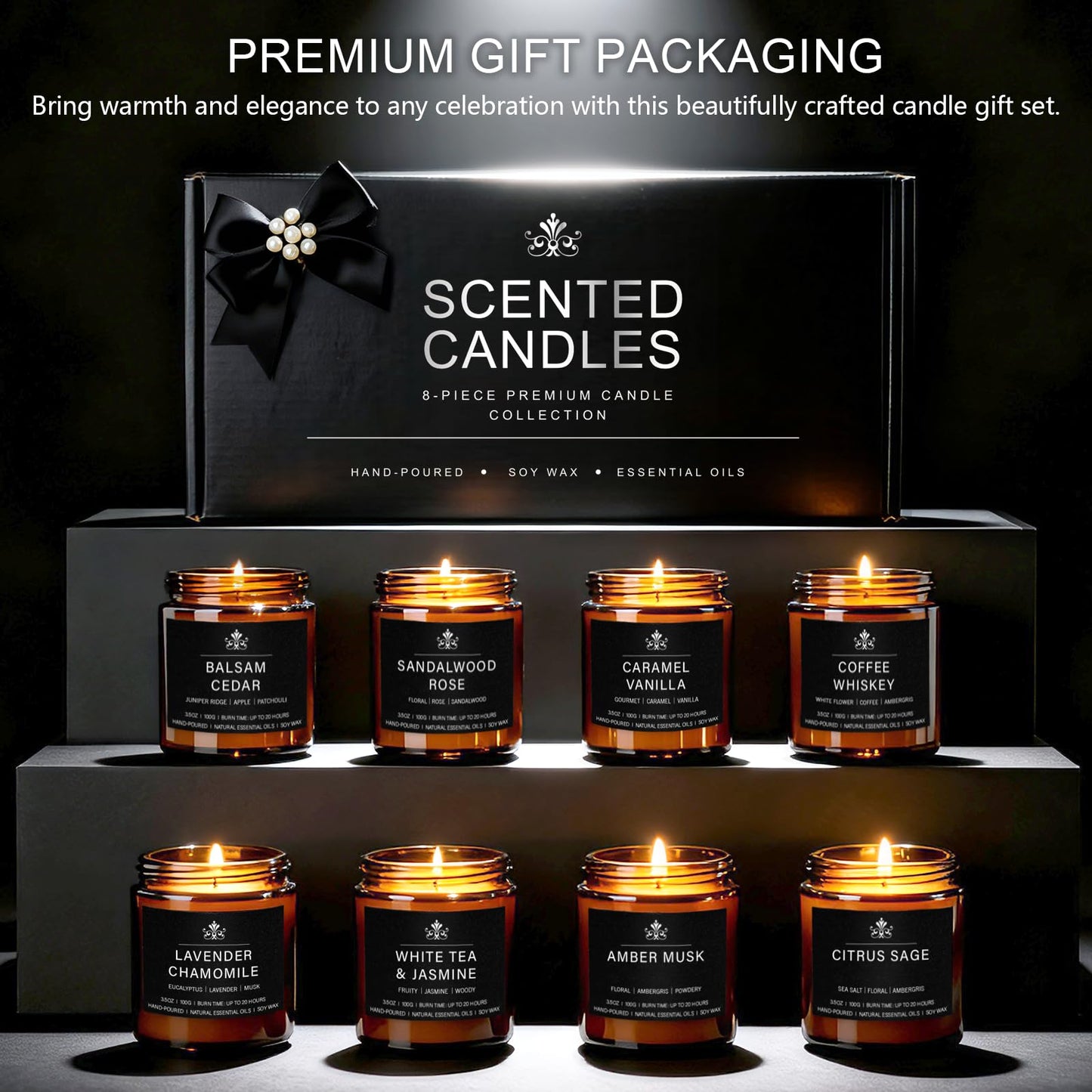 8 Pack Soy Wax Scented Candles Gift Set, Aromatherapy Candles with Lavender Chamomile, Citrus Sage, Caramel Vanilla, Coffee Whiskey, Long Lasting Stress Relief Candle, Unisex Home & Gift Set