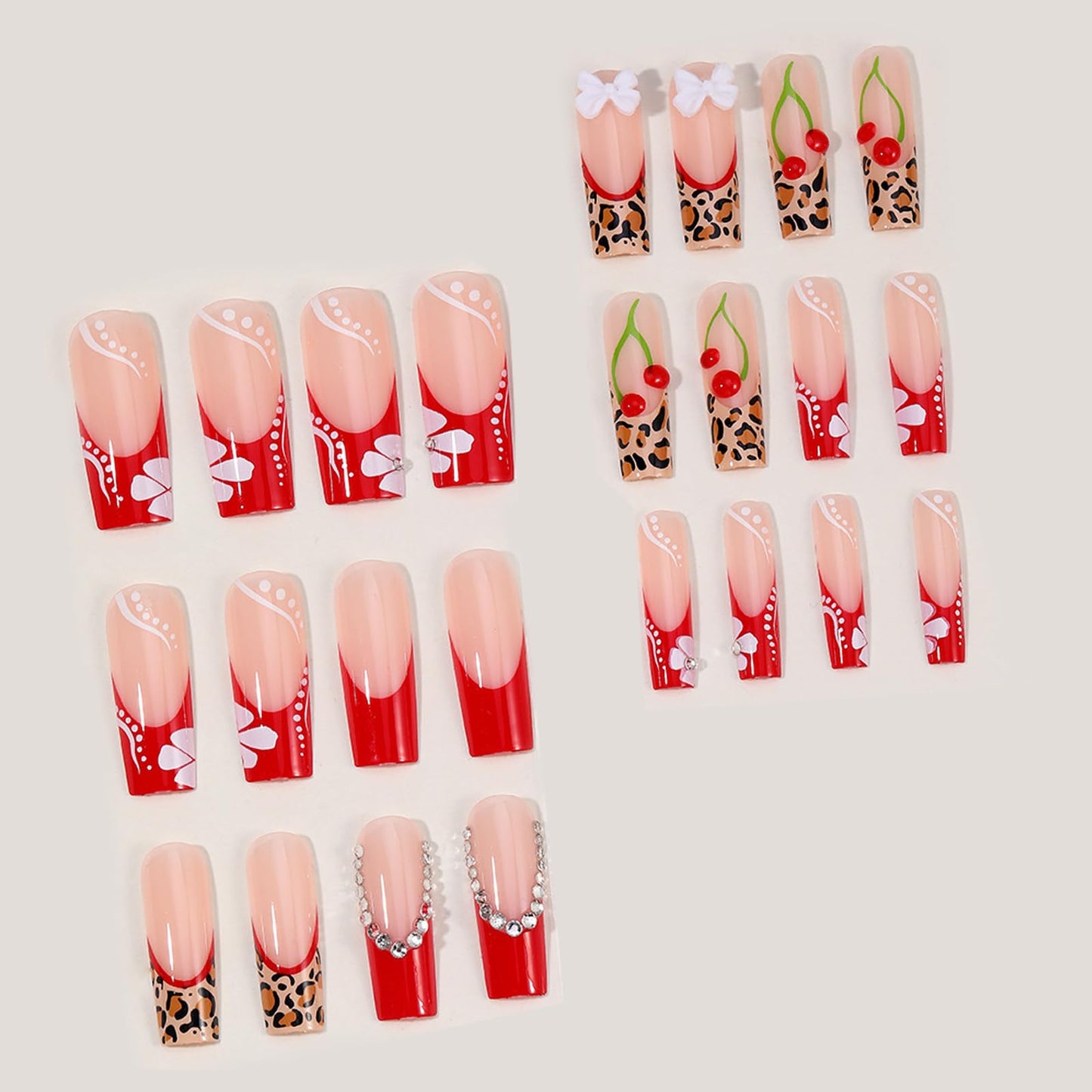 IMSOHOT Red Press on Nails Long Square Fake Nails French Tip False Nails with 3D Cherry & Rhinestones Designs Acrylic Full Cover Leopard Print Stick on Nails