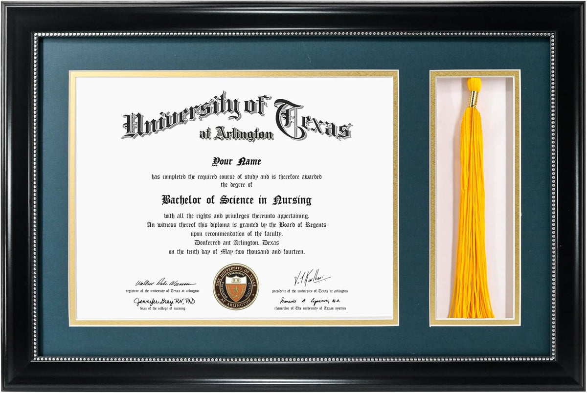 GraduationMall 11x17 Black Diploma Frame with Tassel Holder for 8.5x11 Certificate Document,Real Glass, Navy over Gold Mat