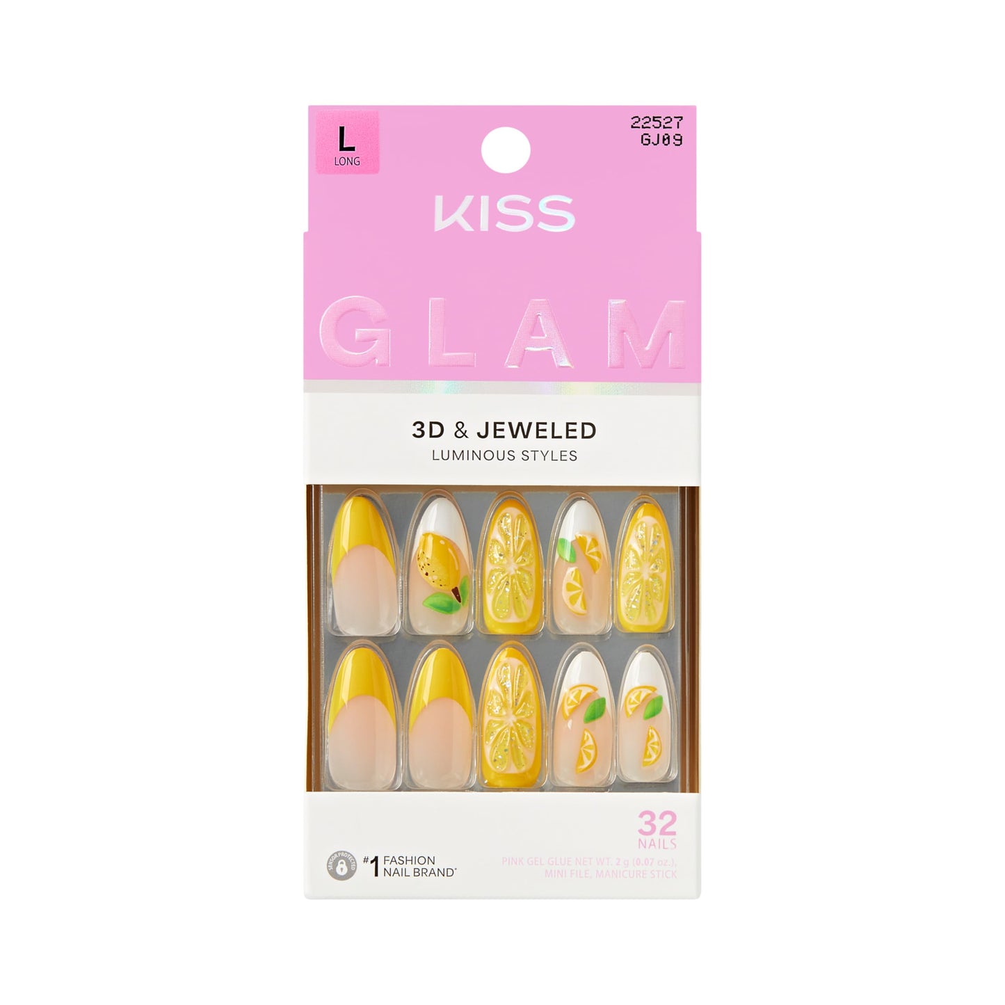 Kiss Glam, Press On Nails, Nail glue included, 'Cherish the Moment', Yellow, Long Size, Almond Shape, Includes 32 Nails, 2g Glue, 1 Manicure Stick, 1 Mini File