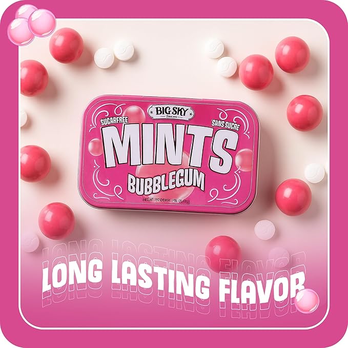Big Sky Sugar Free Mints Bubblegum | Sugarfree, No Artificial Colors or Flavors | Kosher Certified, Vegan, Gluten Free | Aspartame & Xylitol Free | 50 Count Tin (Pack of 6)