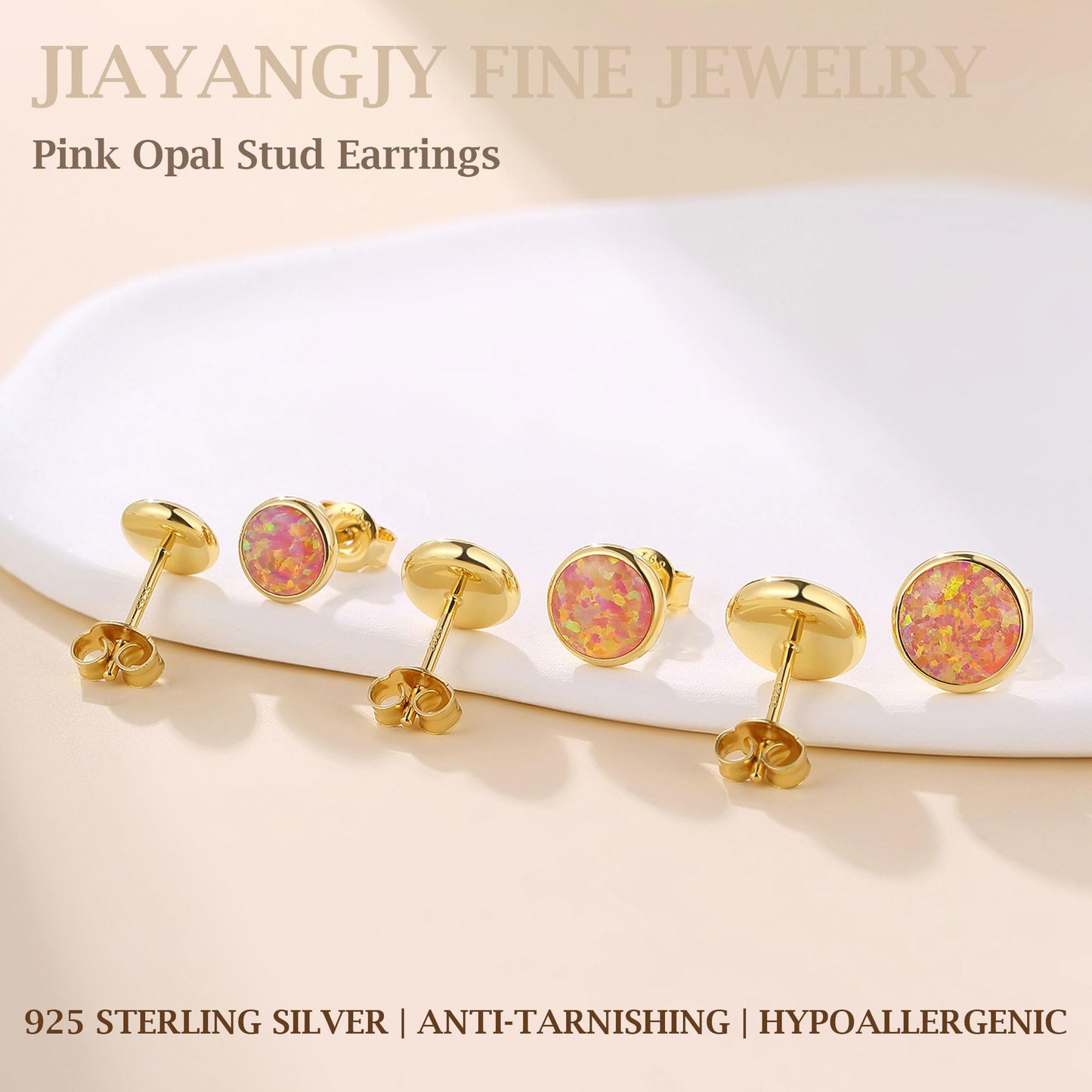 JiayangJY Silver Red Fire Opal Stud Earrings for Women 18K Yellow Gold Plated Sterling Silver Round Shape 8mm Opal Earrings with Push Back