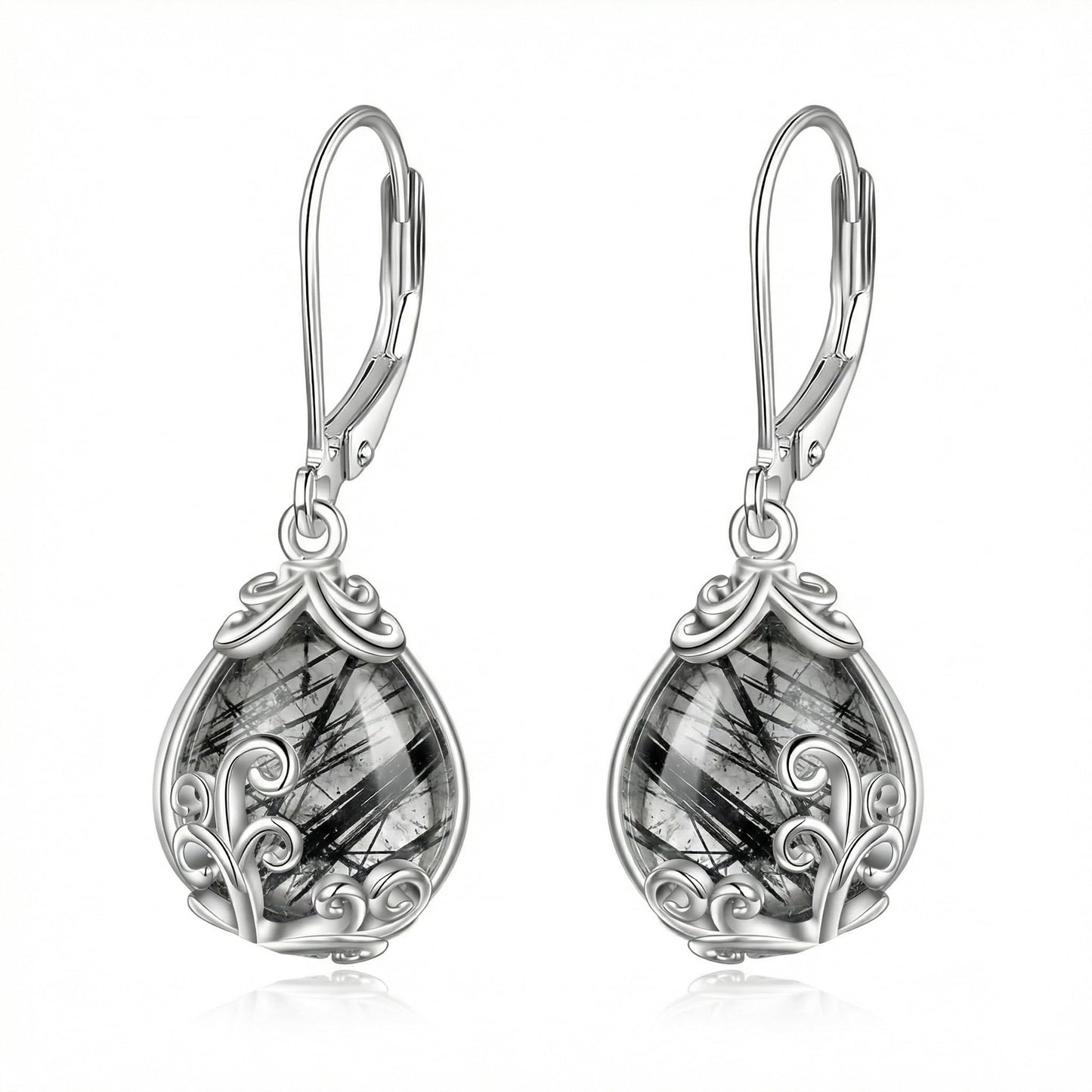 POPLYKE Rutilated Filigree Teardrop Drop Dangle Earrings Sterling Silver Leverback Earrings Black Rutilated Quartz Jewelry Gifts for Women