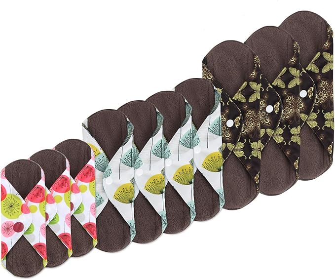Teamoy 10pcs Cloth Panty Liners, Reusable Sanitary Pads with Wet bag, Washable Cloth Menstrual Pads with Charcoal Absorbency Layers (Country Style, 3pcs×7.9''+4pcs×10''+3pcs×11.6''), 11 Piece Set