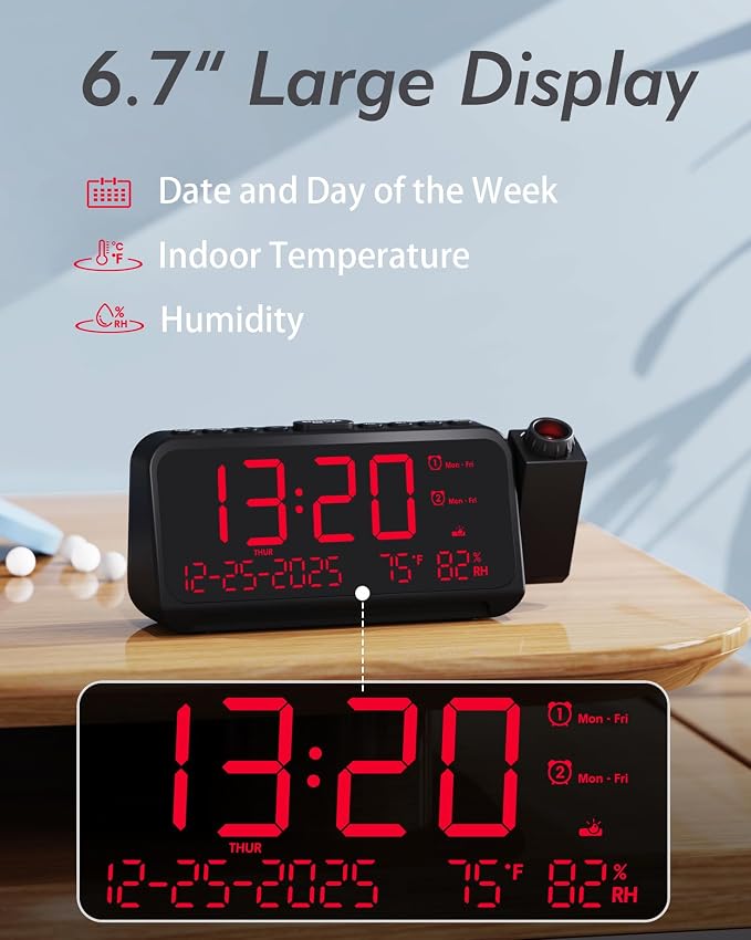 Roxicosly Projection Alarm Clock for Bedroom Ceiling, 118 dB Super Loud for Heavy Sleepers, Plug in Dual Alarm with Weekday/Weekend, 6.7" Large Dimmable Display with Day Date Indoor Temp Humidity