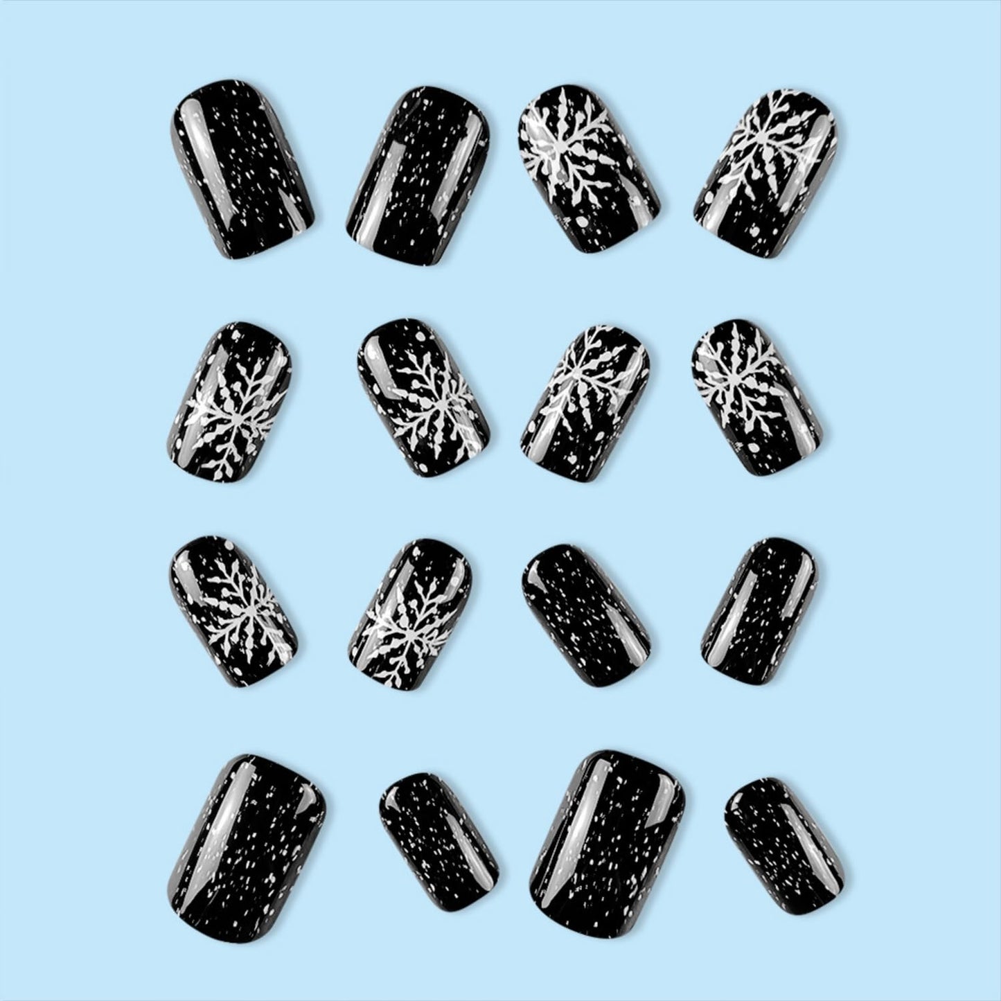 Christmas Press on Nails Short Snowflake Fake Nails Black Design Glossy Xmas Nails Press ons Acrylic Nails Winter Holiday False Nails Full Cover Stick on Nails for DIY Nail Art for Women 24Pcs