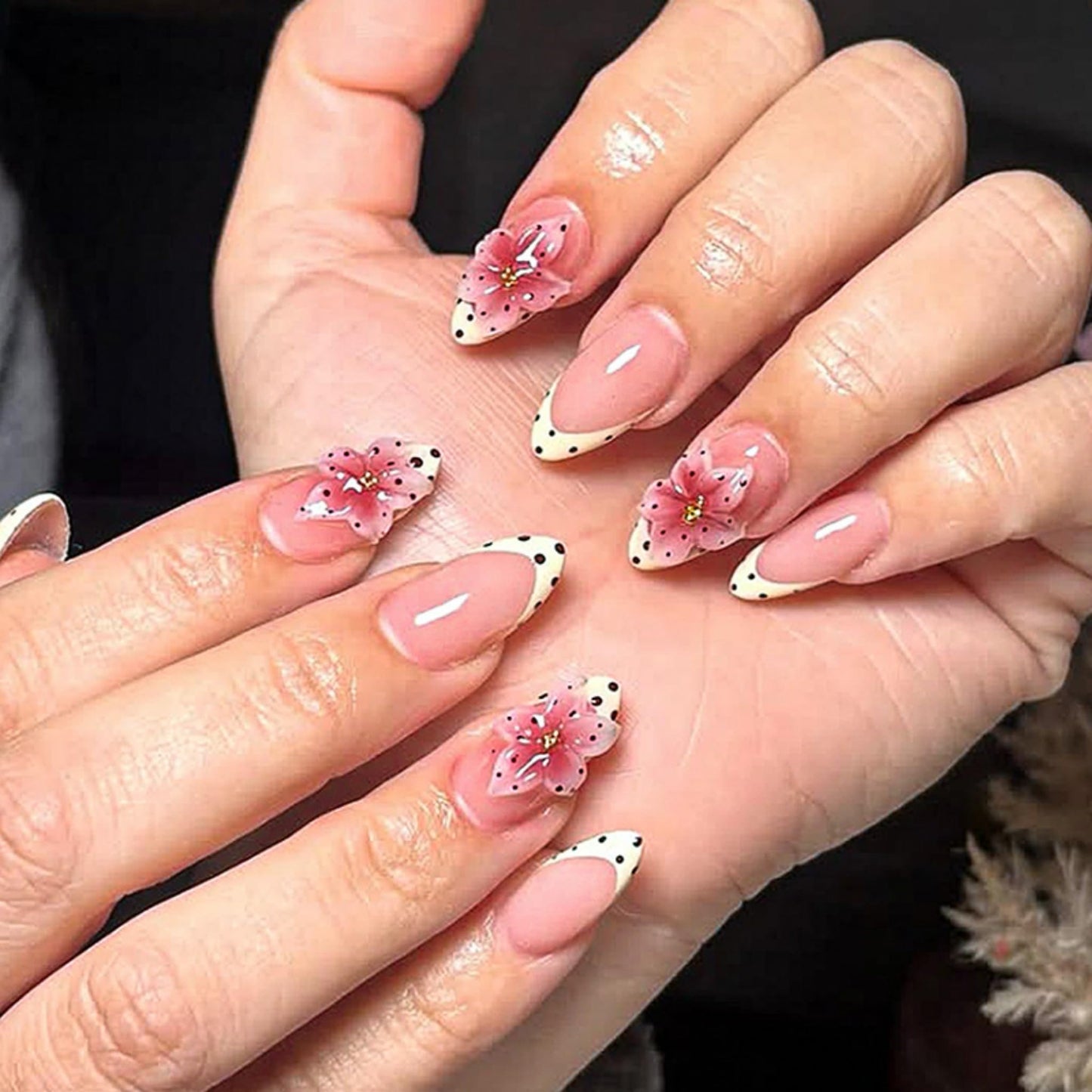 Medium Press on Nails Almond Fake Nails Pink Acrylic Nail Press Ons Seeneey 3D Floral Designs Leopard Stick on Nail for Women 24pcs