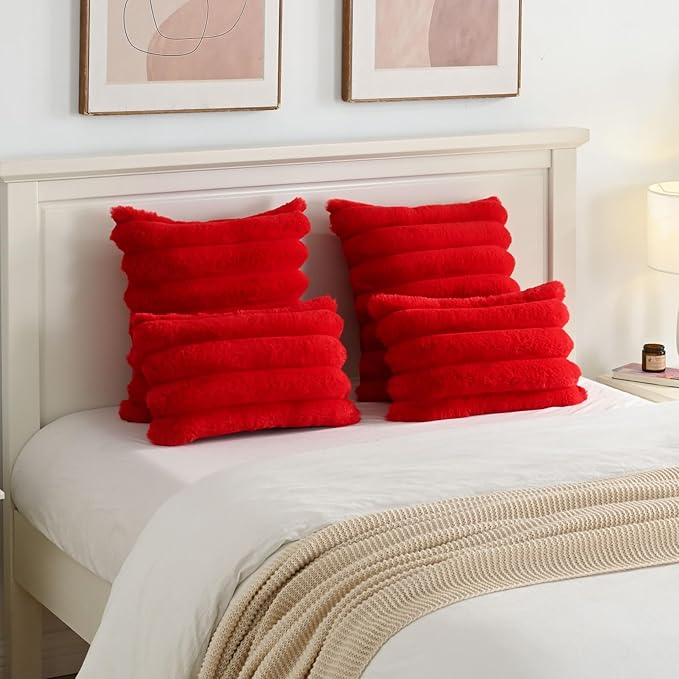 FUTEI Christmas Red Decorative Throw Pillow Covers 26x26 Inch Set of 2, Square Soft Faux Rabbit Fur Thick Striped Euro Pillow Shams,Winter Home Decor for Couch Bed Living Room