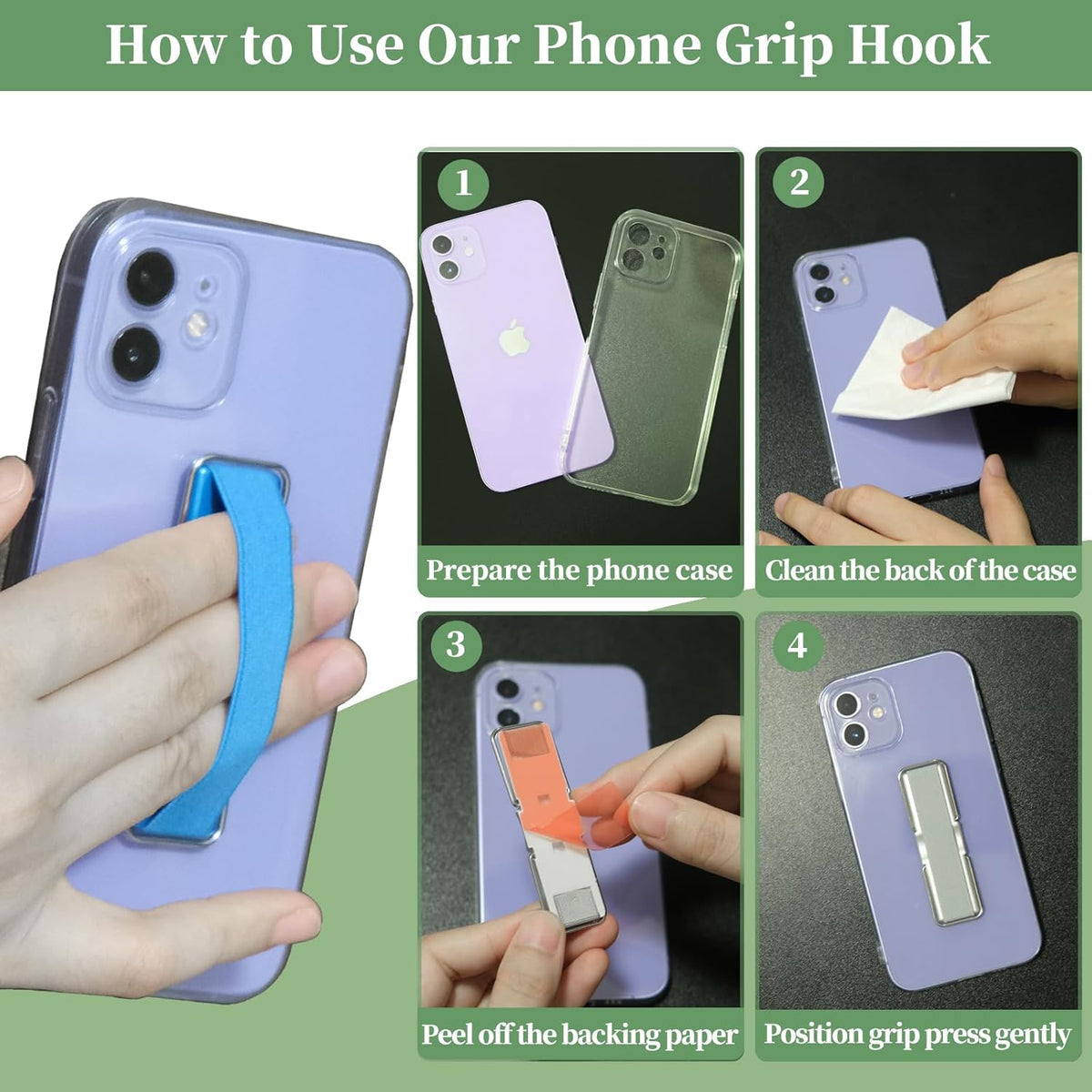 4Pcs Adhesive Phone Strap Grip Finger Holder for Hand, Sticky Elastic Cellphone Loops for Back of iPhone Case Accessories, Thin Smartphone Grips - Black Silver Black White