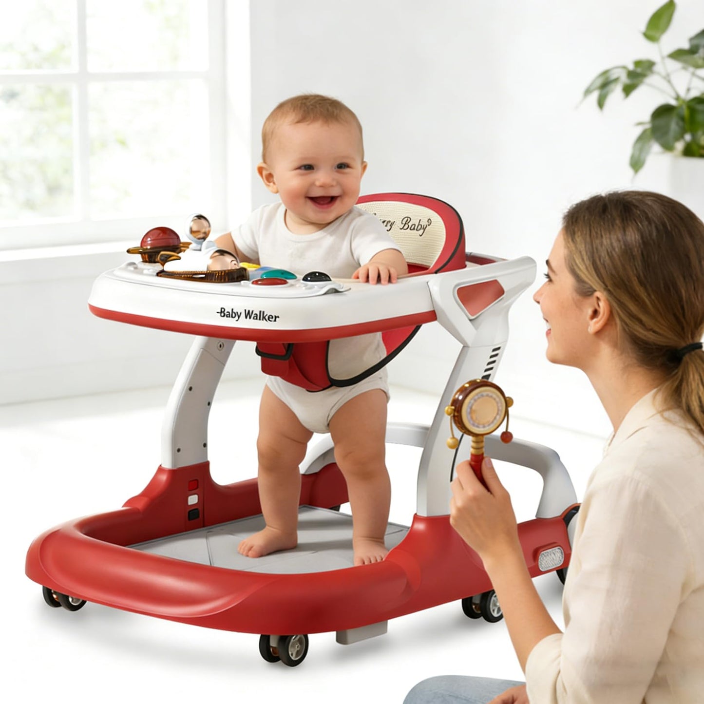 Baby Walker with Wheels Music and Lights with 9 Adjustable Heights Anti-Fall Baby Walker and Bouncer Combo for Boys Girls Babies 6-18 Months (Red and White)
