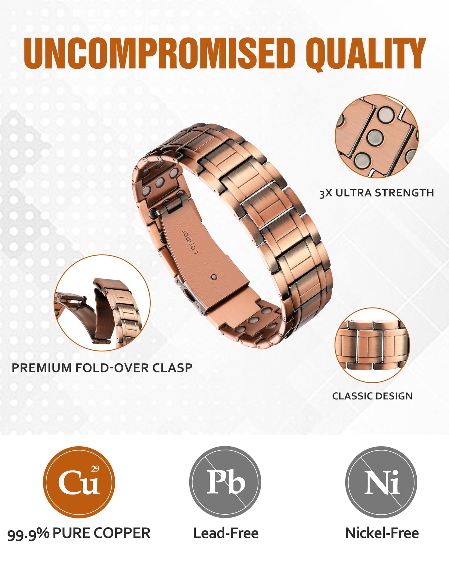 Jecanori 3X Strength Copper Bracelets for Men, Mens Pure Copper Magnetic Bracelet with Upgraded 3800 Gauss Magnets, Premium Fold-Over Clasp & Sizing Tool
