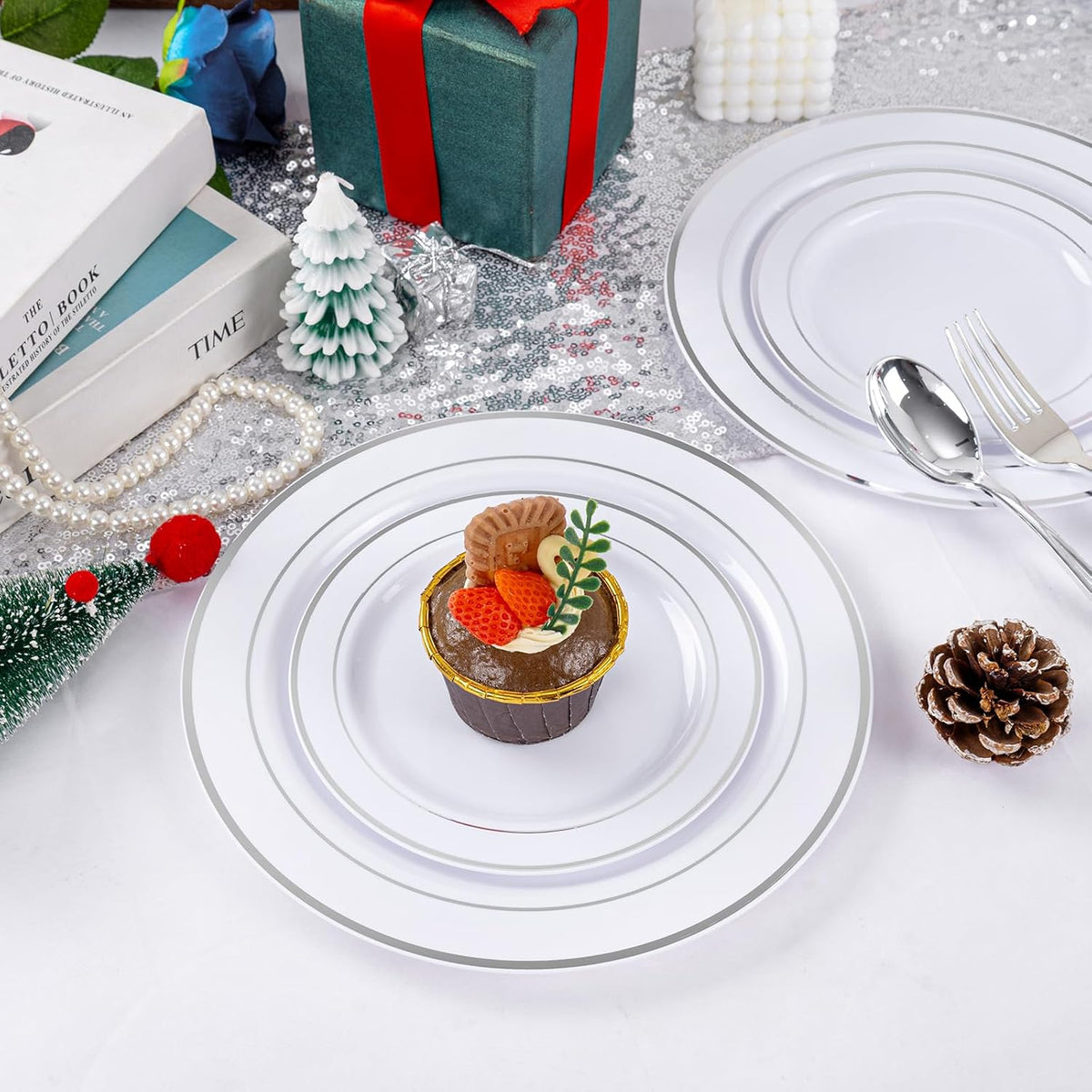GATHER 700PCS Silver Plastic Plates - Silver Plate Set 100Guest - Disposable Dinnerware Sets 100Silver Rim Dinner Plates 100Silver Dessert Plate 100Paper Napkins&Cups&silver Plastic Silverware Set